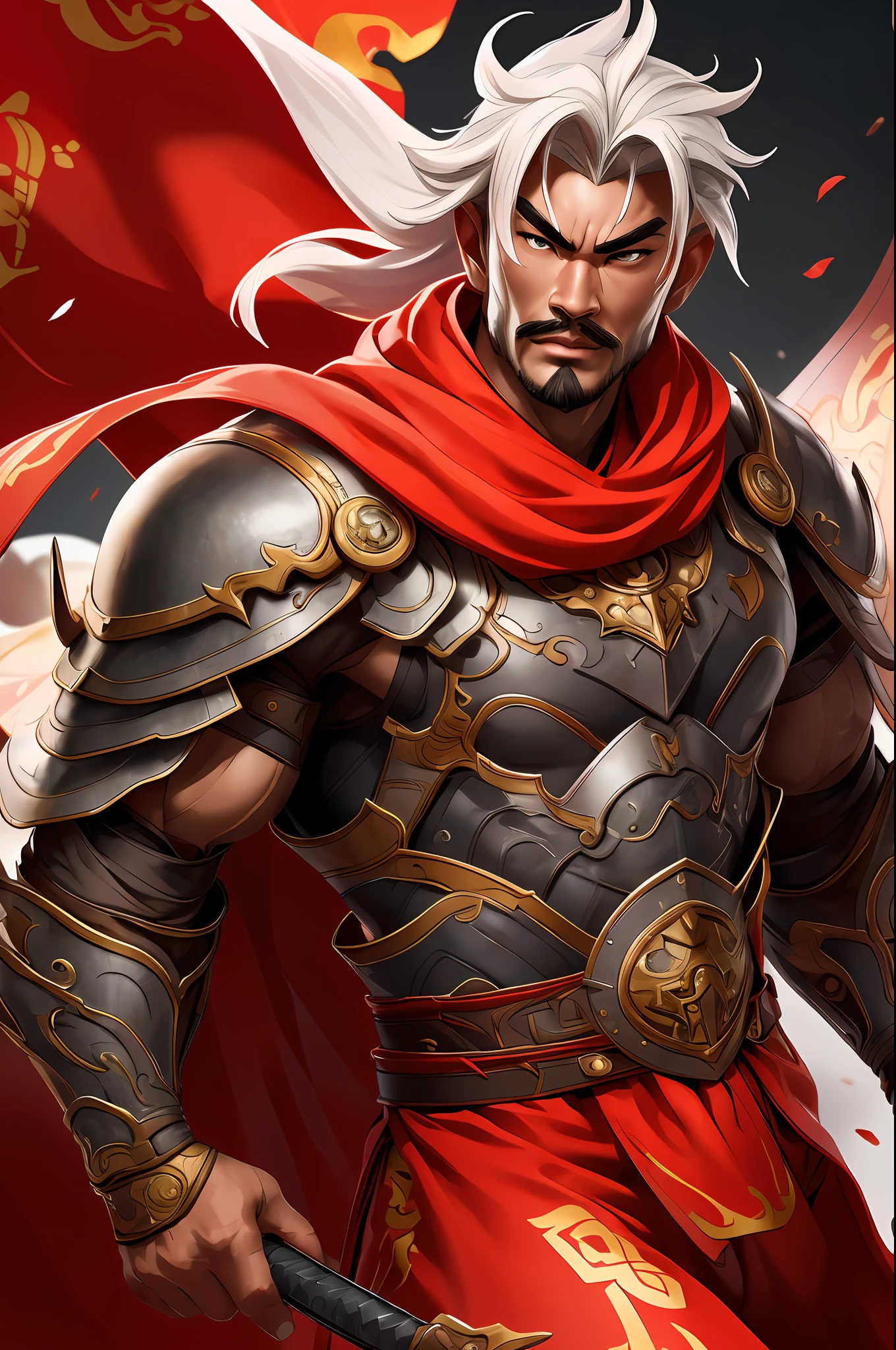 Sun jian dynesty worriors game, chinese male, chinese, cape, armor, weapon,solo, 1boy, strong, muscular male, wide waist, fire,  armor, big eyes, high resolution, Chinese castle background, highly detailed