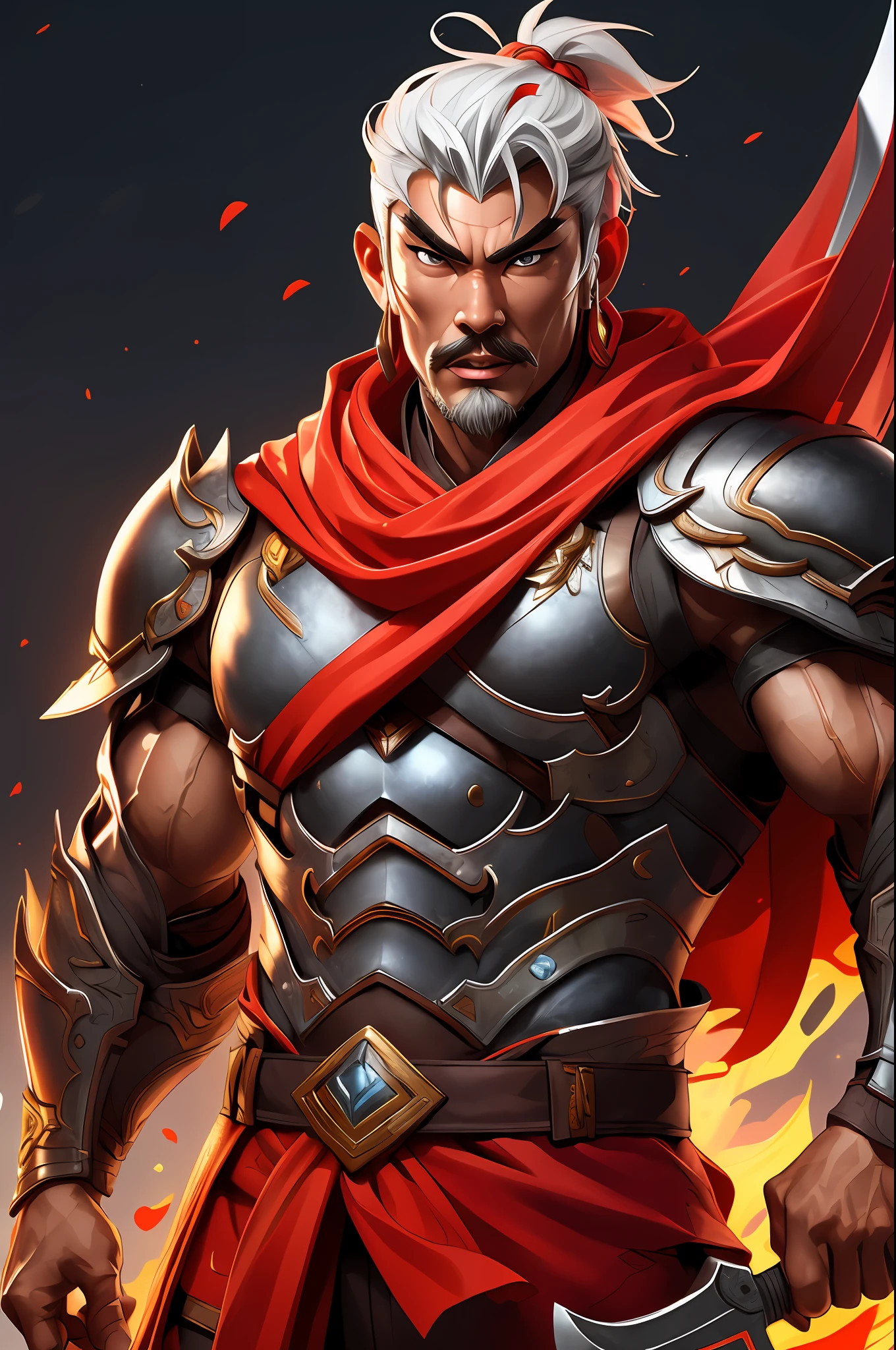 Sun jian dynesty worriors game, chinese male, chinese, cape, armor, weapon,solo, 1boy, strong, muscular male, wide waist, fire,  armor, big eyes, high resolution, Chinese castle background, highly detailed
