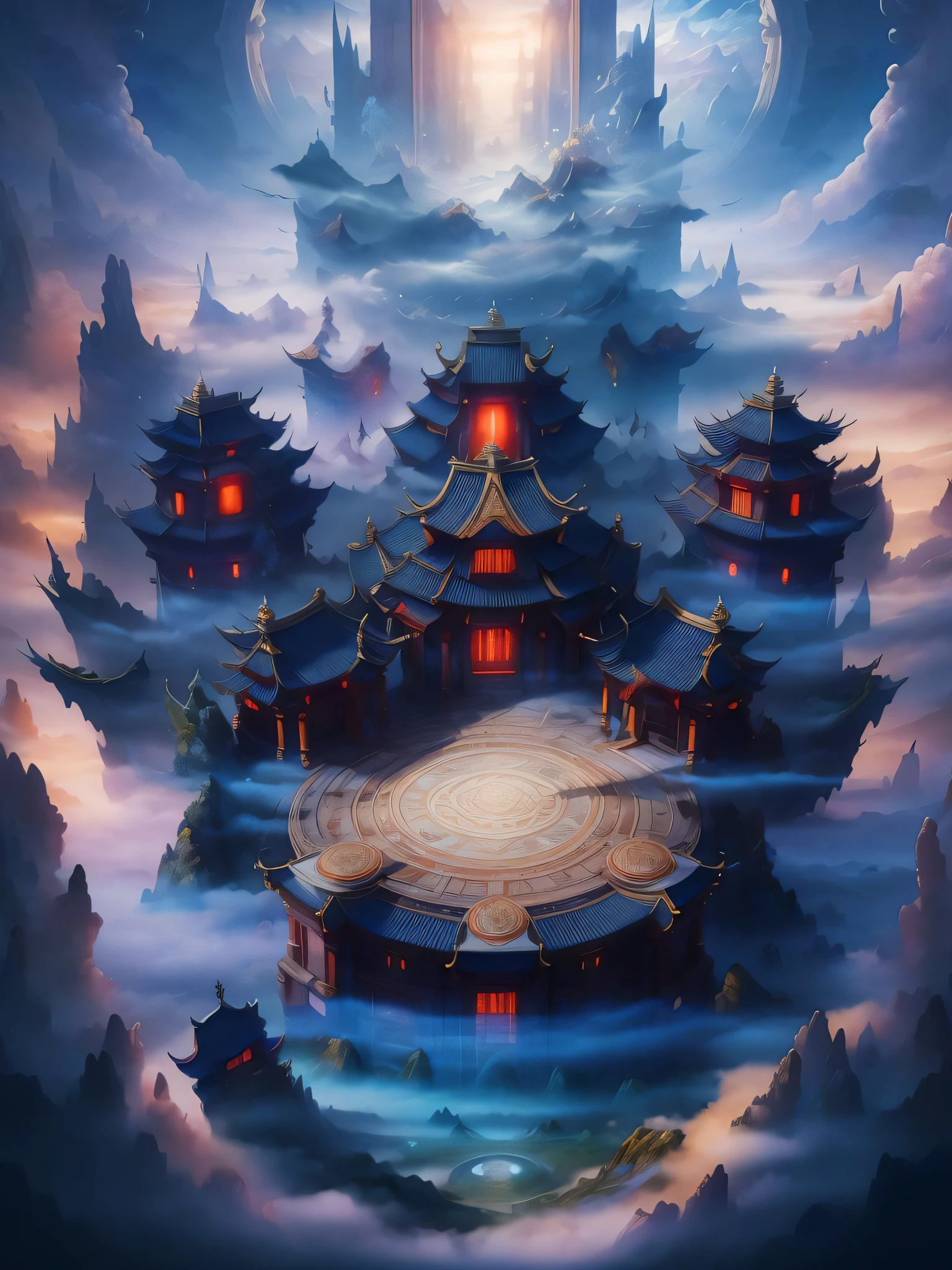 masterpiece,highres,gufengmap, great building,aura,Clouds and mist swirled around