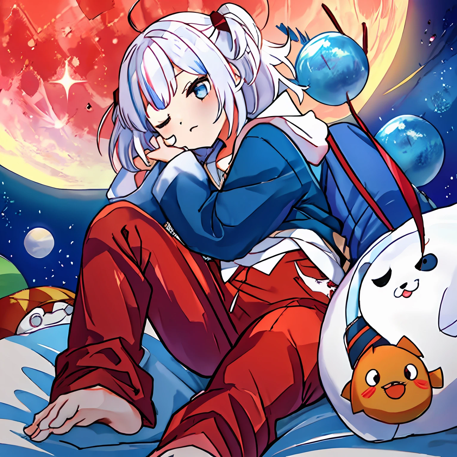 sleepeace, 1girl, pajamas, bigg red moon light,, ultra_detailed:1.2,