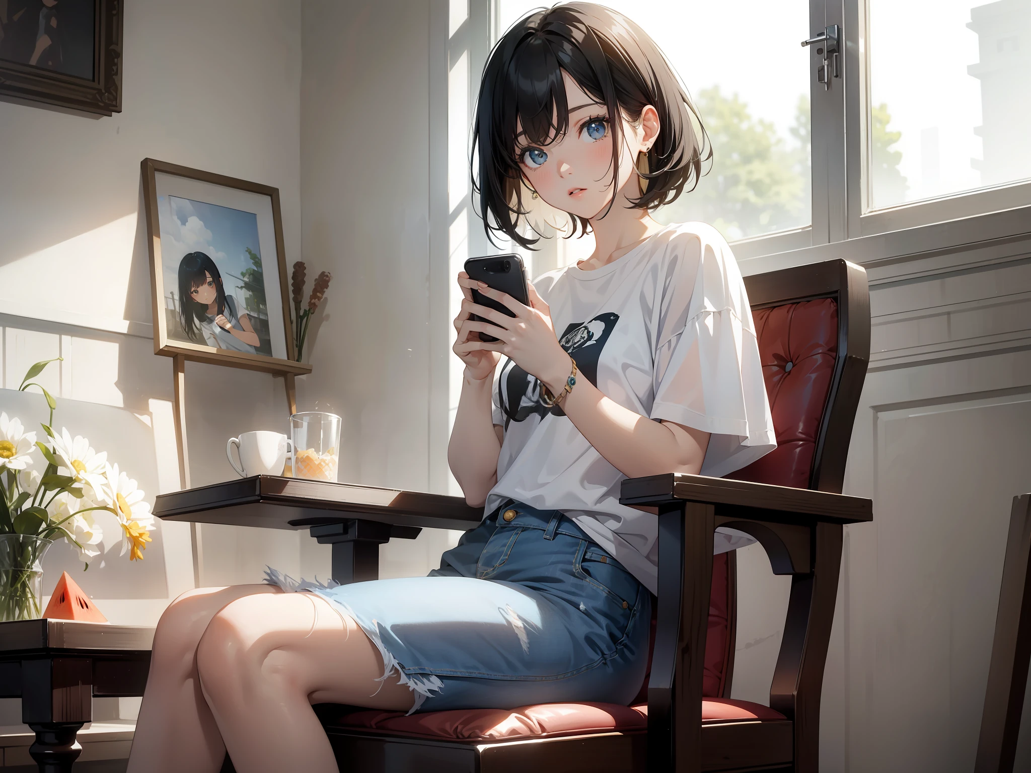 Masterpiece, Best quality,1girll，holding cell phone，In the chair outside，，Short black hair, Fair complexion, Melon seed face、White T-shirt blue jeans,Realisticstyle,Background with：inside a room，
