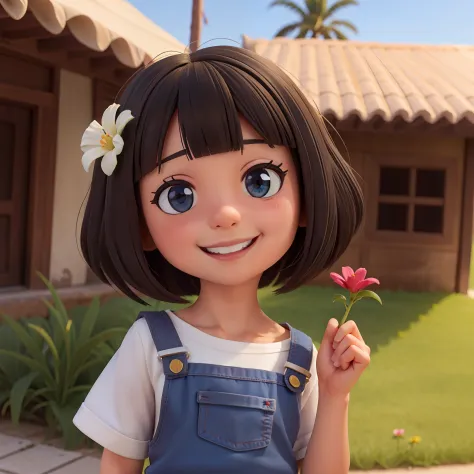 Menina sorrindo com flor no cabelo cacheado