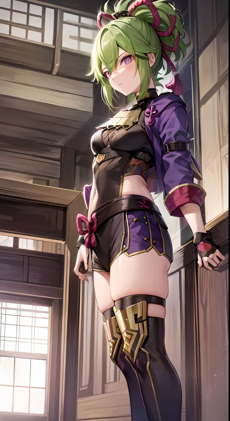 Mast, best quality, 1 girl, kuki shinobu \ (Genshin Impact), green hair, purple eyes, beautiful hair, headband, hair accessories, looking at the audience, from the side, ninja outfit, standing legs open shoulder length