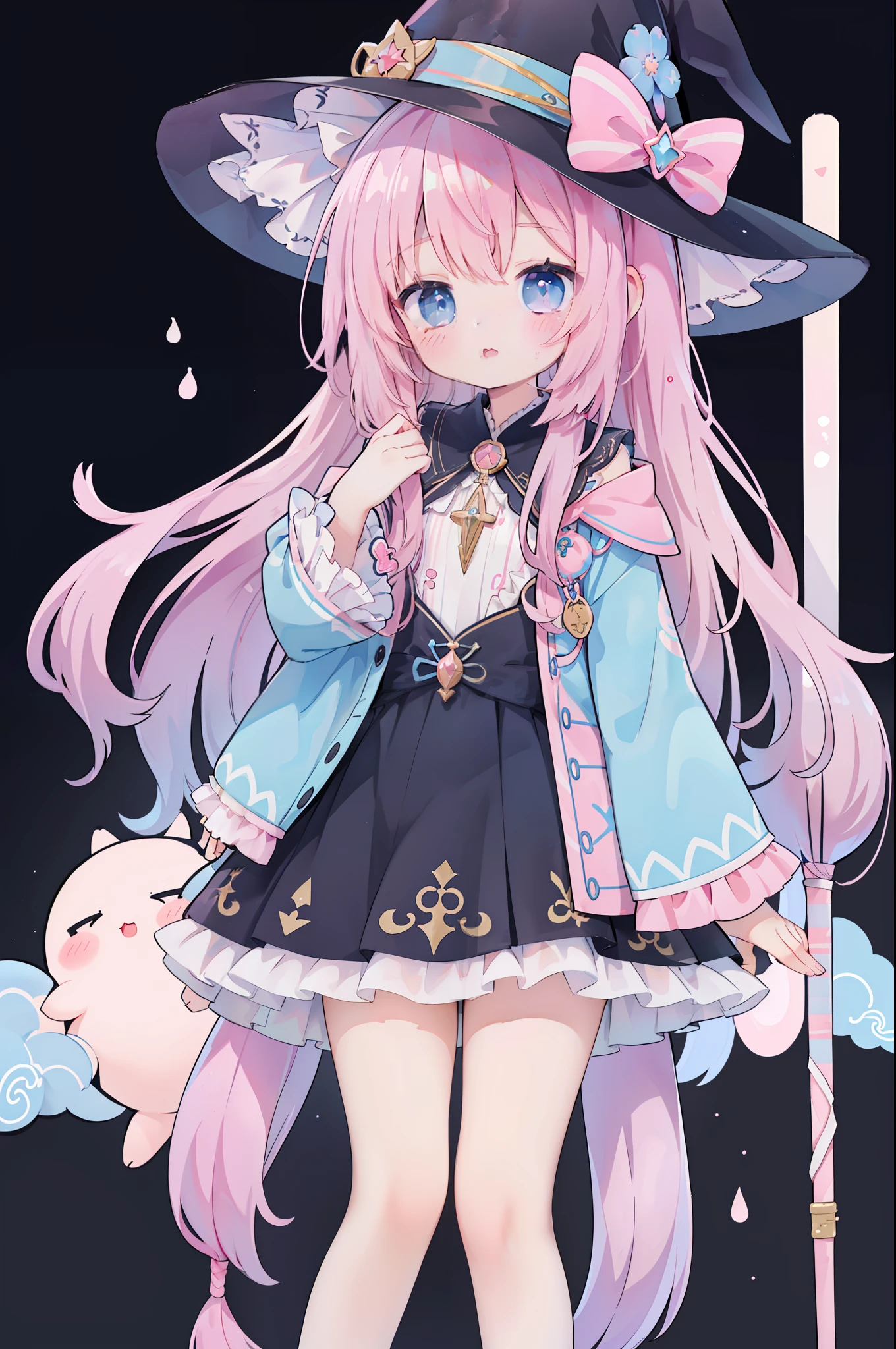 One Girl、（Light blue and pink 1:1）、cute little、Long、Wavy hair、​masterpiece、Top image quality、top-quality、witch outfit、witch's hat、A dark-haired、Very long hair、jitome