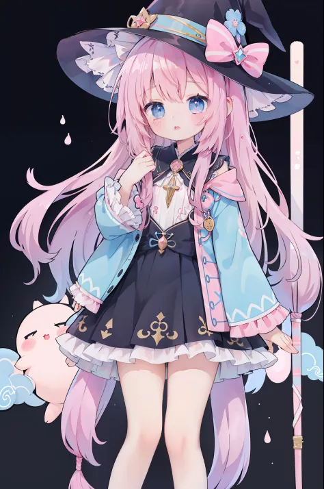 one girl、（light blue and pink 1:1）、cute little、long、wavy hair、​masterpiece、top image quality、top-quality、witch outfit、witch's ha...