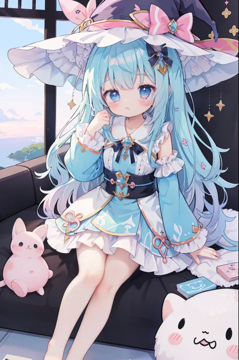 One Girl、（Light blue and pink 1:1）、cute little、Long、Wavy hair、​masterpiece、Top image quality、top-quality、witch outfit、witch's ha...