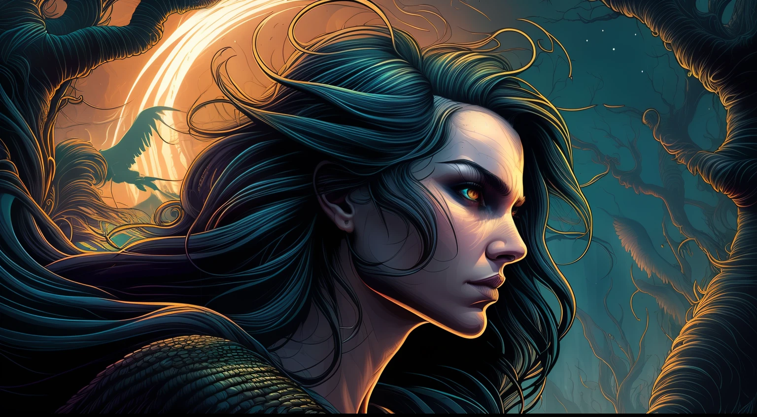 En perfil (La hermosa mujer nórdica amazónica One Head con el pelo ondeando en el viento:1.1) Retrato, Bosque oscuro, cascada, atardecer, arte simétrico artístico y afilado, estilo de dan mumford, hdr, realism, atmósfera de fantasía oscura, estilo lovecraft, (estilo de arte del logotipo de JimJorCraft:1.3), (vista de cerca),enfoque nítido