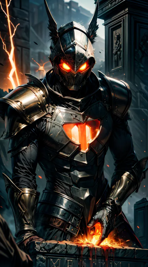 (16k, RAW photos, maximum quality, masterpiece: 1.2) 1man wearing robust black armor emitting tron circuit luminosity intricate to detail, helm with flaming red light coming out of his eyes an extremely murderous aura, supported with both hands on a giant ...
