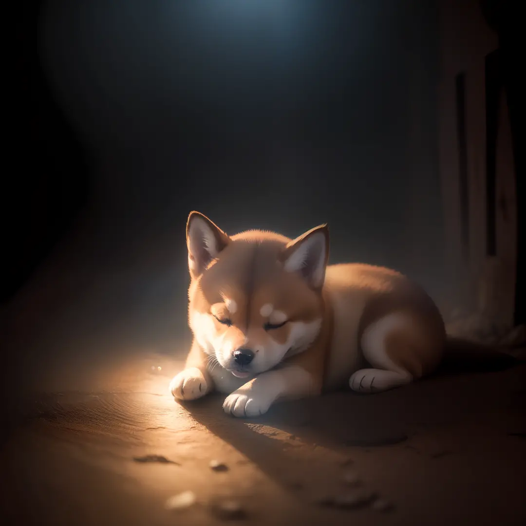 In a dimly lit dungeon、、Shiba Inu cute puppy is sleeping、Close-up photos、Volumetric fog、Halation、bloom、Dramatic atmosphere、centr...