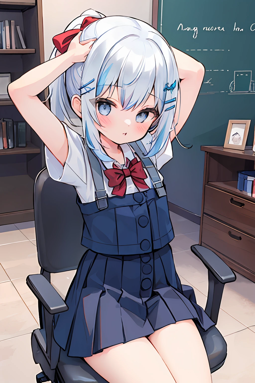 1girl, skirt, solo, blue hair, sitting, hair ornament, shirt, blue eyes, white shirt, hairclip, bow, chair, tying hair, black skirt, ponytail, short sleeves, pleated skirt, red bow, hair tie in mouth, mouth hold, bowtie, looking at viewer, , blush, red bowtie, hair tie, bangs, arms up, long hair, collared shirt, indoors, midriff peek, hair between eyes, thighs, on chair