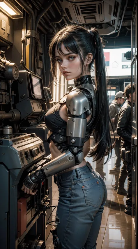Uma garota loira com cabelo de pigtails , 18 years old she's inside a giant robot, shorts e jaqueta jeans rasgado, (dentro de um...