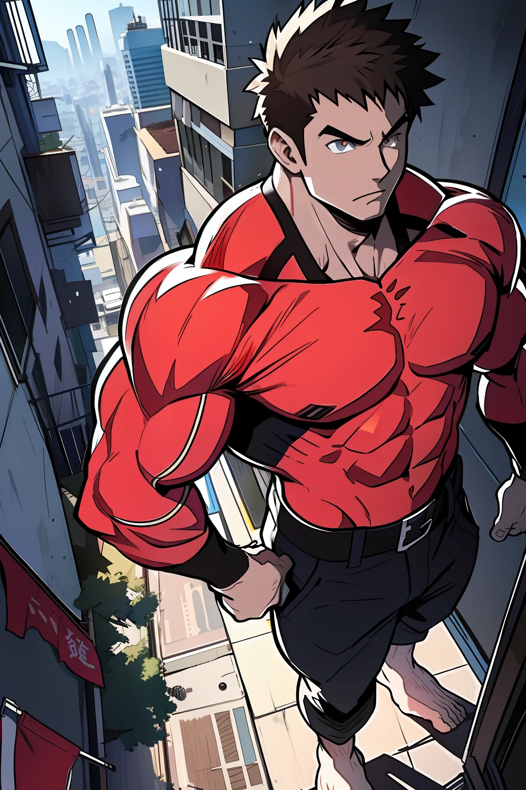 Generate anime-style artwork with a high-angle shot of a muscular male character with his body facing the camera, THE CHARACTER IS STANDING ON TOP OF A TALL BUILDING, O protagonista deve ter um corpo extremamente musculoso, muito alto, semelhante ao de um fisiculturista. O personagem deve ter o cabelo longo marrom escuro e deve estar sem camisa , with a black pants totally torn and should be barefoot  . A imagem deve retratar o corpo inteiro do personagem, com foco em sua postura intimidadora. The protagonist must exude strength and dominance, displaying a powerful presence. A cena deve apresentar apenas o personagem musculoso, THE CHARACTER MUST BE ON TOP OF A BUILDING SHOWING A LARGE CITY BELOW HIM