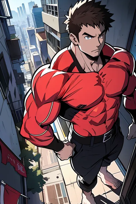 Generate anime-style artwork with a high-angle shot of a muscular male character with his body facing the camera, THE CHARACTER ...