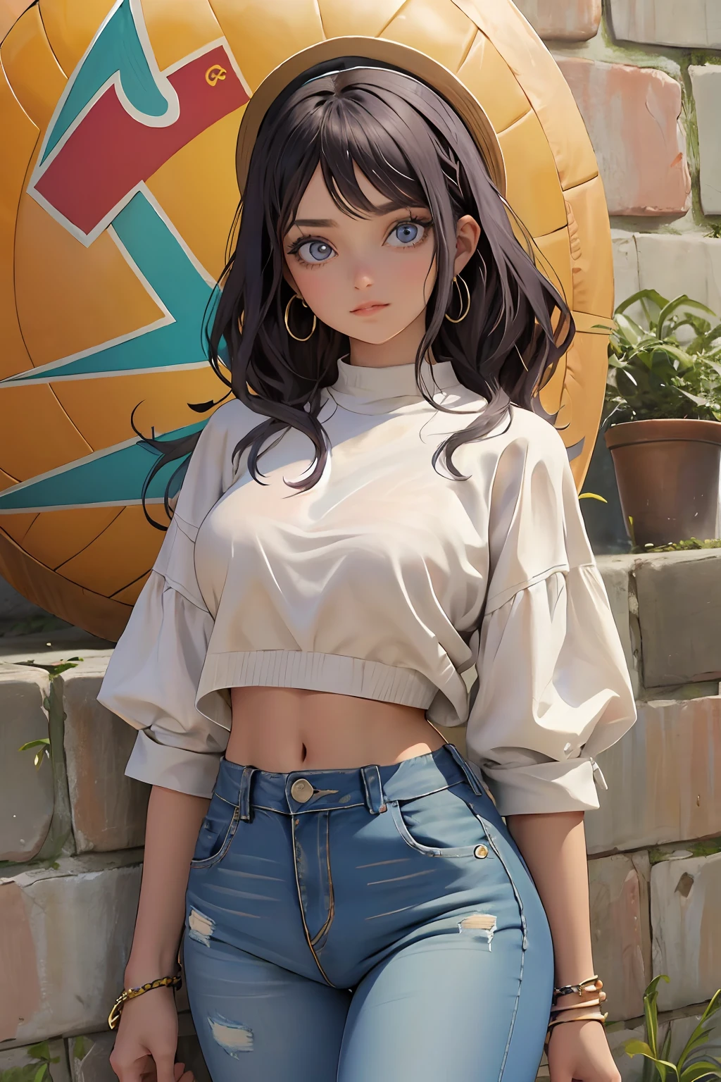 Anime girl with long black hair and blue jeans posing in front of a giant  ball - SeaArt AI