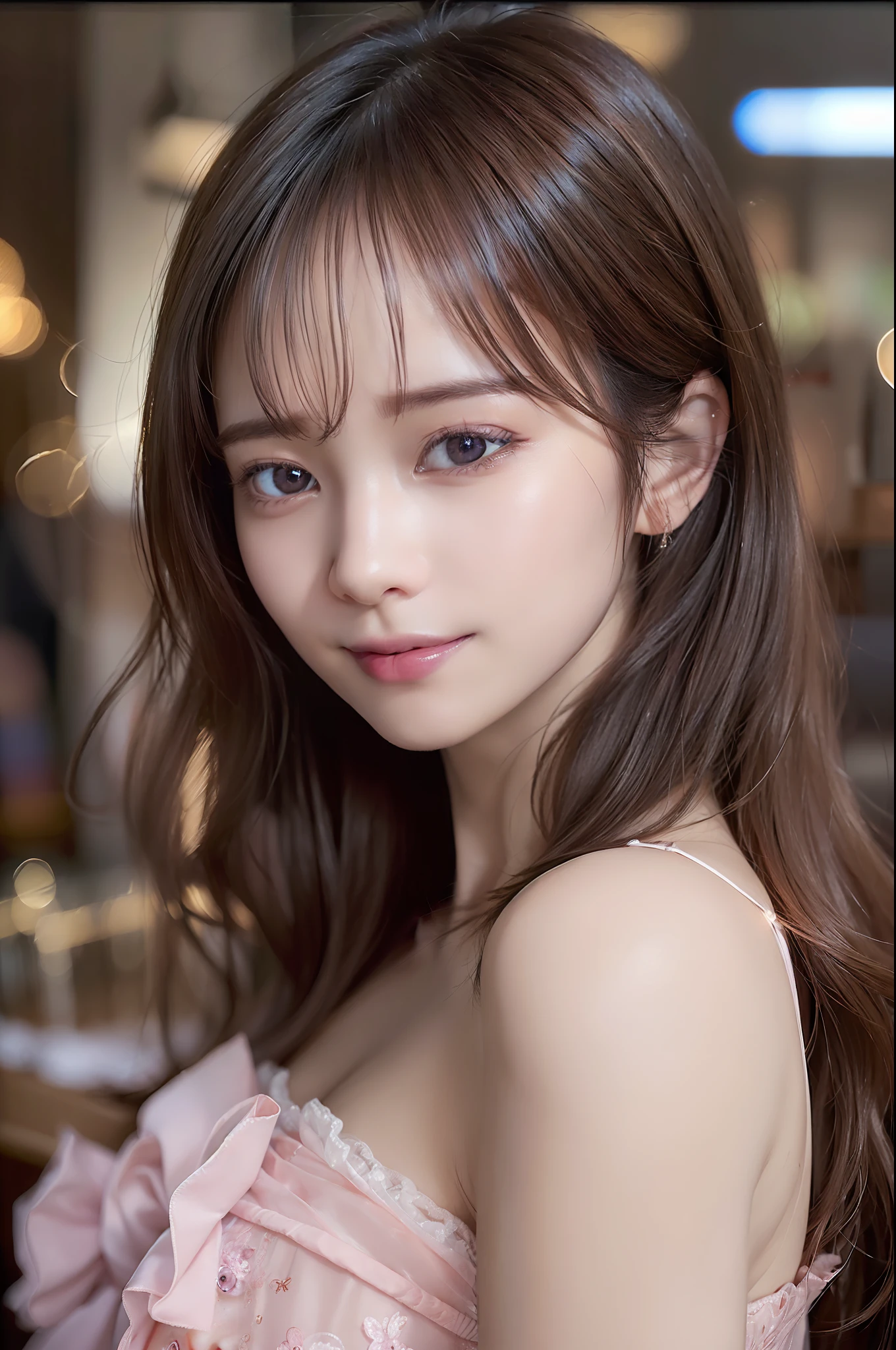 ((Realistic lighting、top-quality、8K、​masterpiece:1.3))、Portrait of woman in pink dress with tear on head, Focus:1.2、Perfect figure:1.4、Slim abs:1.1、(Inside the bar、Night:1.1)、(Super fine face、A smile)、big eye、24