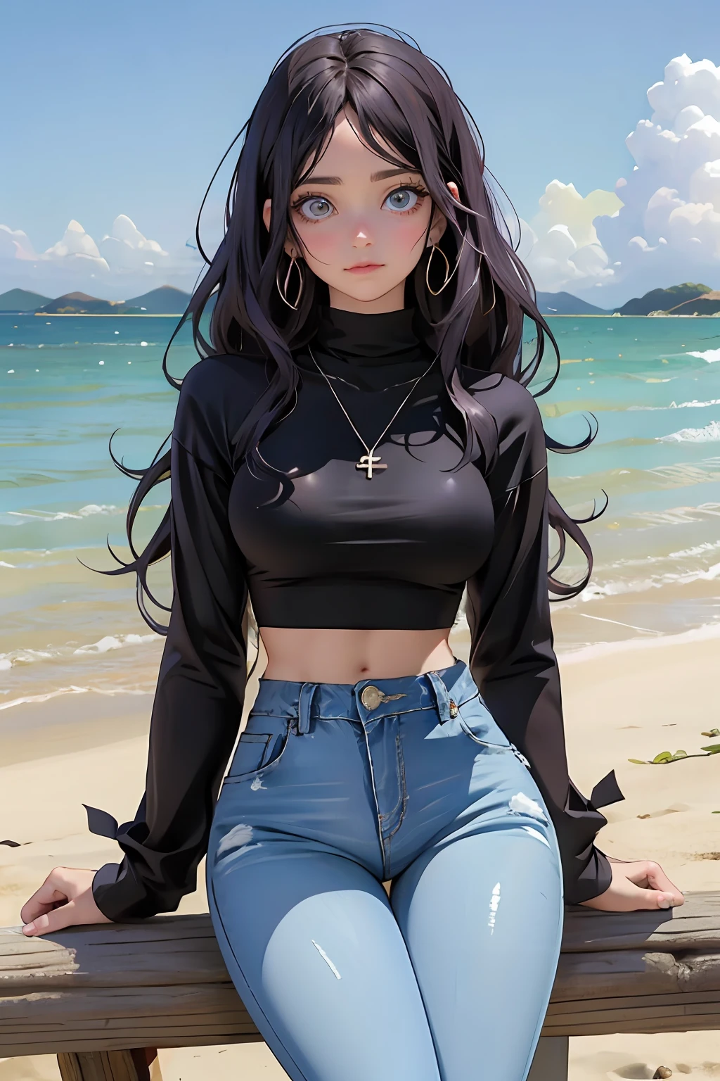 Anime girl sitting on a bench by the beach with a cross on her chest -  SeaArt AI