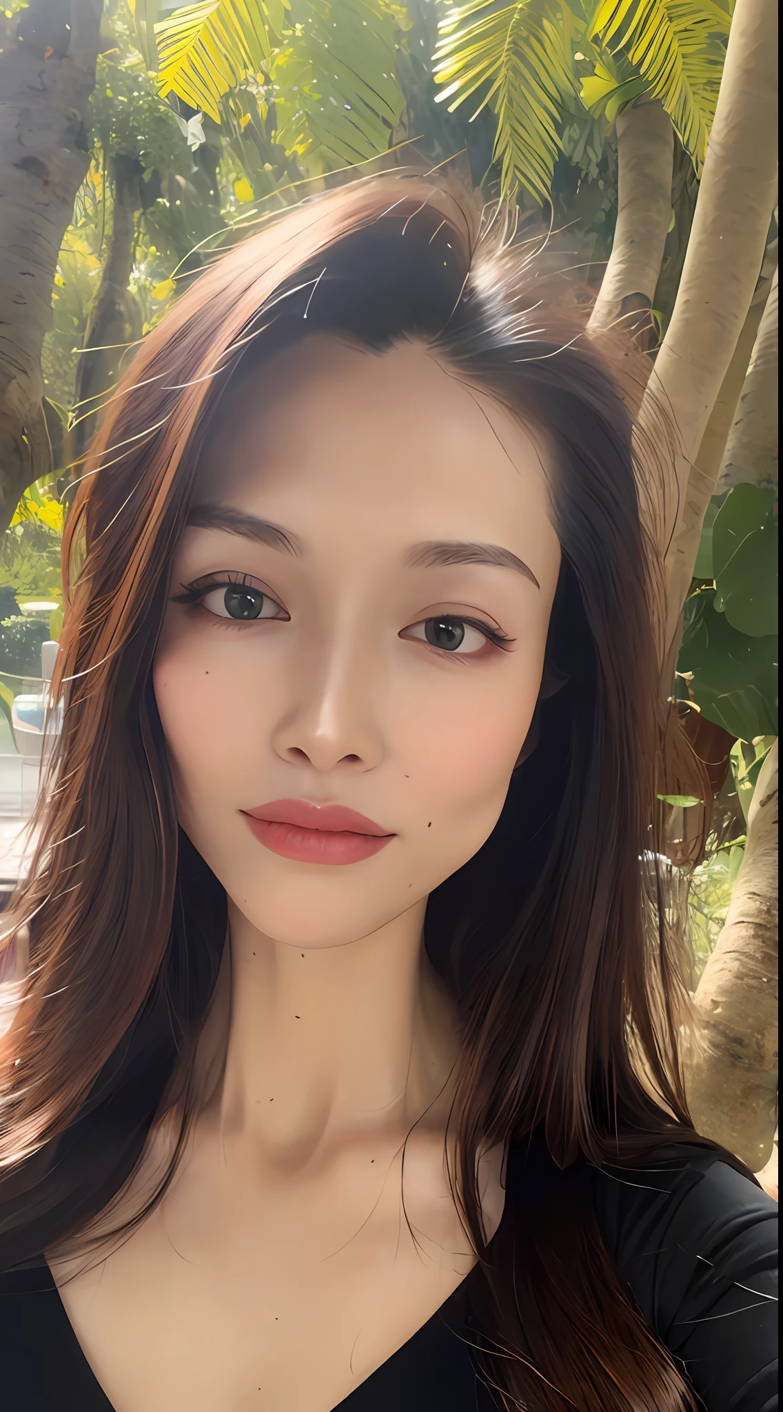 (Best quality, 4k, Masterpiece :1.3), gorgeous woman, 1girl, (skinny, fit, perfect body :1.2), abs :1.1, dark brown hair: 1.1, (rainy wet, wet body :1.2), under palm trees, ultra-detailed face, detailed lips, detailed eyes, double eyelid, large breasts