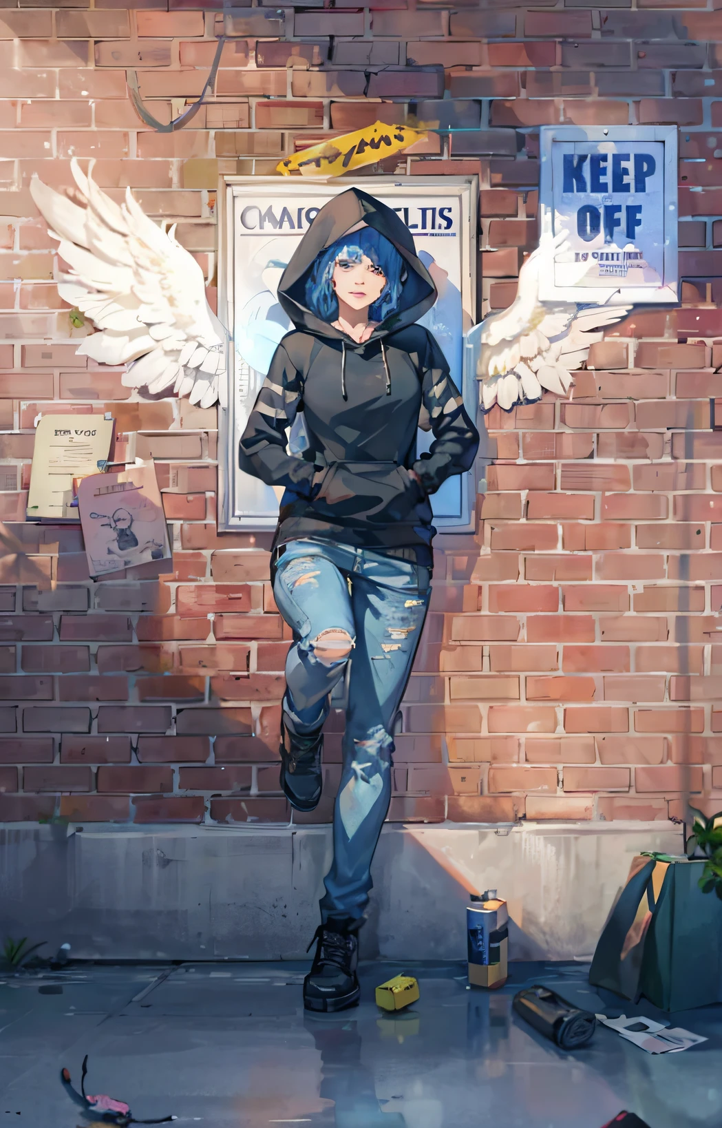 Argada woman with blue hair and angel wings standing in front of a brick wall, fanart menina urbana, Garota de anime cyberpunk com capuz, chloe price, Chloe Price de Life is Strange, Estudante de arte emo feminina alta, arte de fantasia urbana estilizada, Neoartcore e Charlie Bowater, estilo de arte charlie bowater, retrato de corpo inteiro de um curto!, full hd 4k