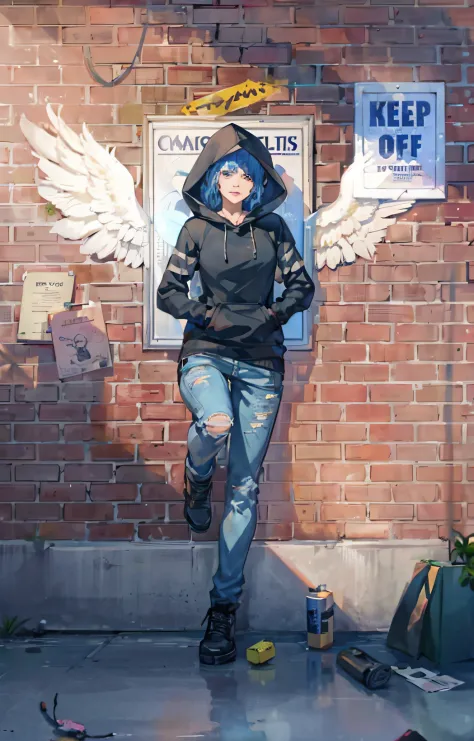 Argada woman with blue hair and angel wings standing in front of a brick wall, fanart menina urbana, Garota de anime cyberpunk c...