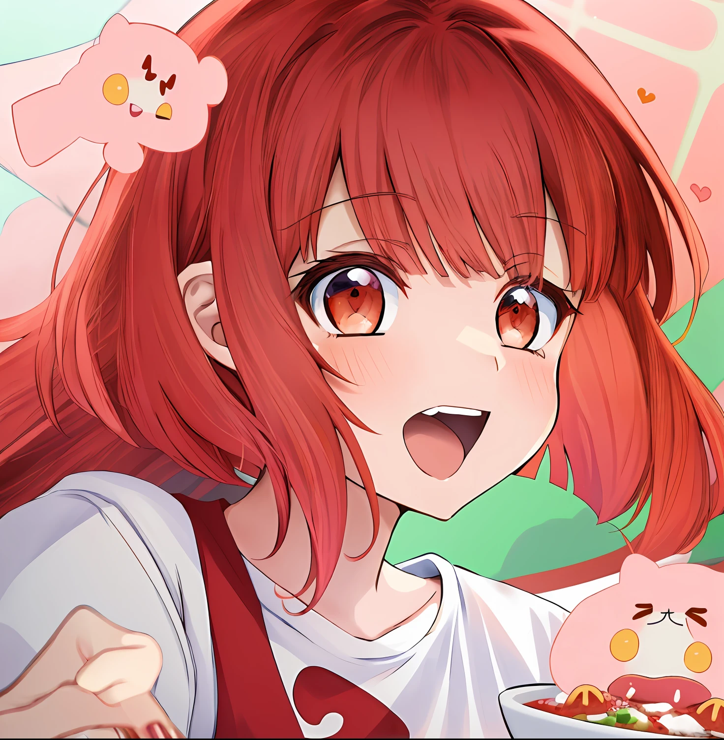 Chica anime con cabello rojo sosteniendo un plato de comida con un gato  rosa - SeaArt AI