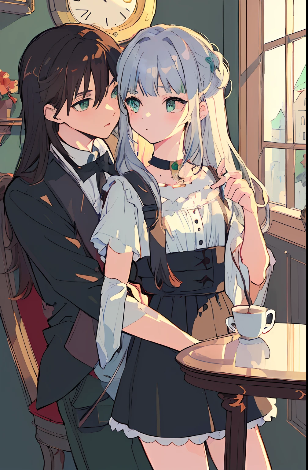 (((masterpiece))),(((best quality))),rough sketch, ((illustration)),((an extremely beautiful)),beautiful detailed eyes, (yuri),two Boy,a boy have balck long hair and green eyes,
,another girl have goledn hair and putih eyes,
coffee house,table,wall clock,glass background