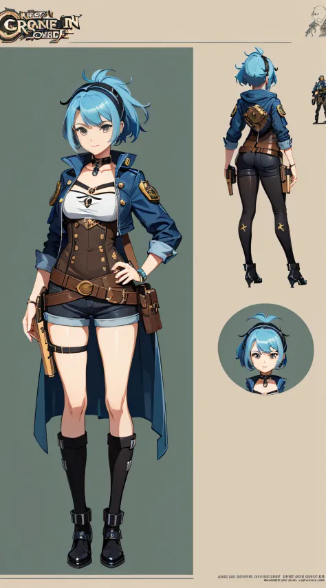 Close-up of a woman in a gun costume, ((character concept art)), tall figure, ((character design sheet, same character, front, side, back)) maple story character art, video game character design, video game character design, maple story gun girl, girl with...