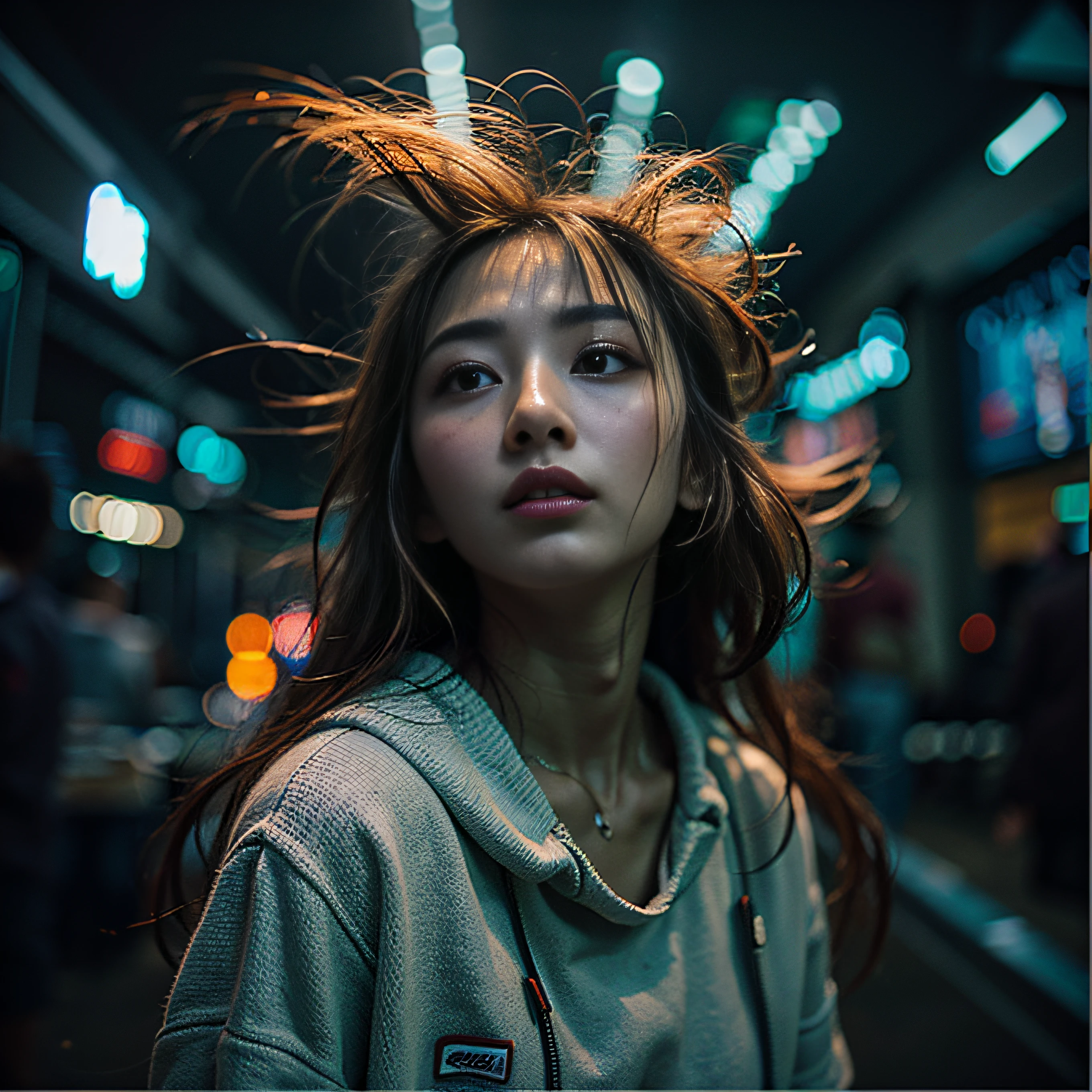 8K, RAW Photos, top-quality, ​masterpiece: 1.2),fish-eye lens、(((Wide View)))、fish-eye lens、Reach out and jump pose、Hair disheveled in the wind、fully body photo、Red or orange neon、Cyberpunk movies、Raw photo of beautiful Korean 20 year old woman、Half Face、deep in the night、darkened room、hightquality、More skin、Lustrous skin、clearface、cinema shot、nffsw、foco nítido