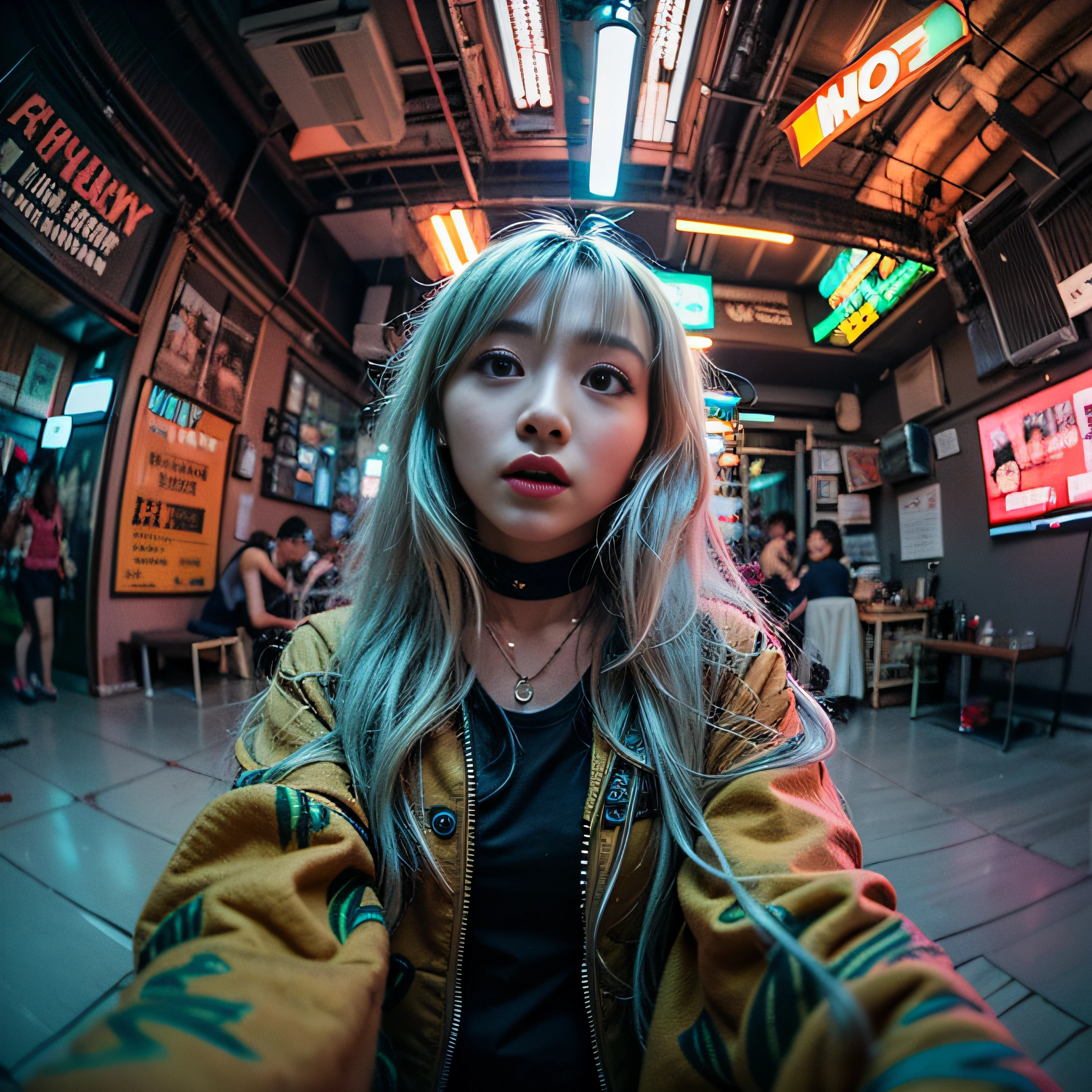 8K, RAW Photos, top-quality, ​masterpiece: 1.2),fish-eye lens、(((Wide View)))、fish-eye lens、Reach out and jump pose、Hair disheveled in the wind、fully body photo、Red or orange neon、Cyberpunk movies、Raw photo of beautiful Korean 20 year old woman、Half Face、deep in the night、darkened room、hightquality、More skin、Lustrous skin、clearface、cinema shot、nffsw、foco nítido