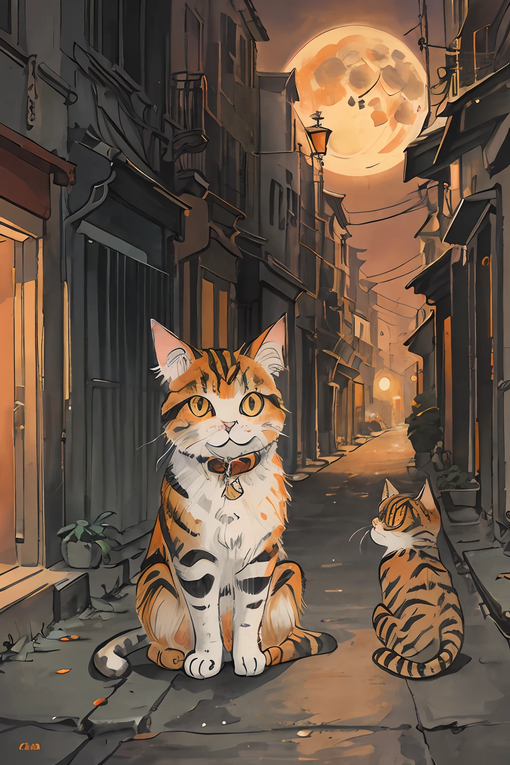 chat, orange, Mignon, gros yeux, chef-d&#39;œuvre, pleine lune, ruelle