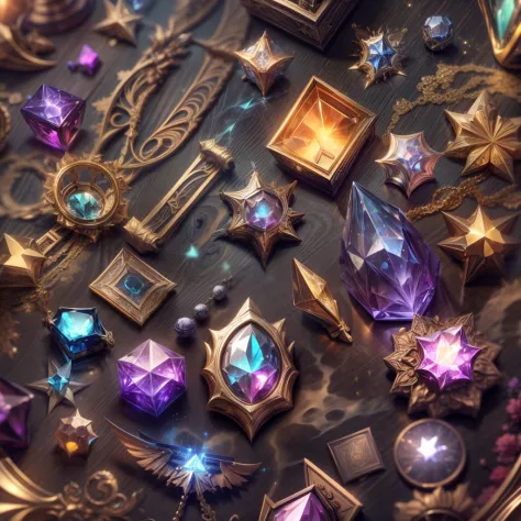 （Full Focus：2）,StarCraft style，plethora of colors，Antiques on the tabletop，Jewelry on the tabletop，Crystal gemstone on tabletop,Magic symbols，Magic light particle effect，high - tech，luxury goods， High-value jewelry,High-value metals，luxury goods，Puzzles ar...