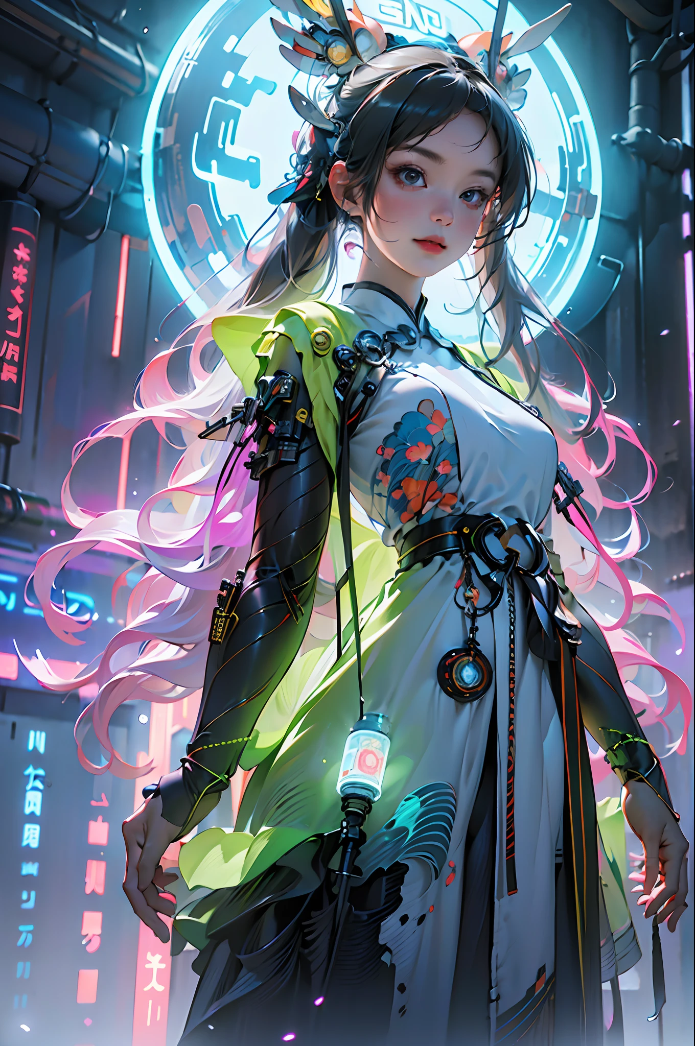 1 girl solo, perfect_hand, (8k, RAW photo, best quality, masterpiece:1.2), (realistic, photo-realistic:1.4), (extremely detailed CG unity 8k wallpaper),full body, (neon lights:1.2), machop, mechanical arms,mecha, hanfu, Chinese clothes, dress,