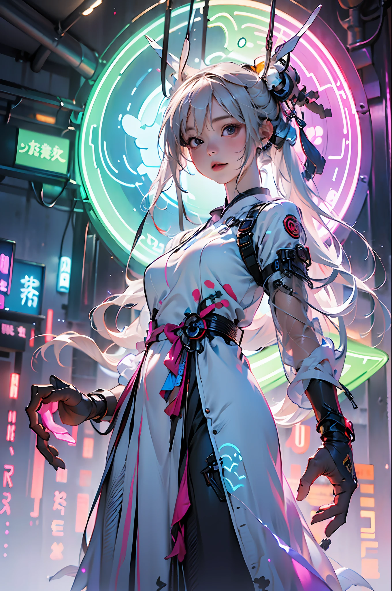 1 girl solo, perfect_hand, (8k, RAW photo, best quality, masterpiece:1.2), (realistic, photo-realistic:1.4), (extremely detailed CG unity 8k wallpaper),full body, (neon lights:1.2), machop, mechanical arms,mecha, hanfu, Chinese clothes, dress,