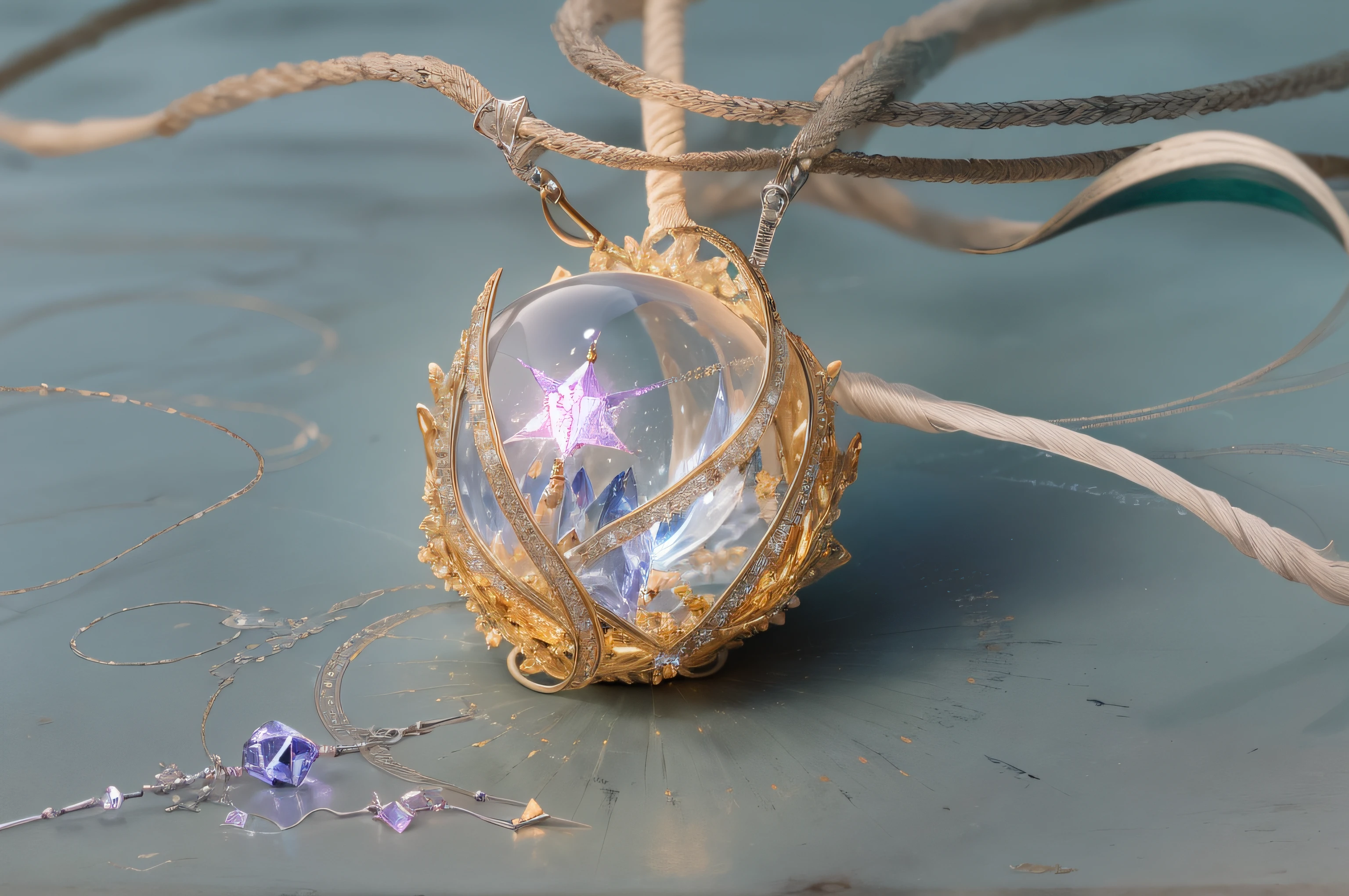 The necklace is made of a delicate silver thread interwoven with gold threads, and at the suspended end there is a crystalline, translucent sphere, que brilha suavemente como uma estrela. The stone is known as the Tear of Lumina, e quando tocado, emana um suave, luz reconfortante.