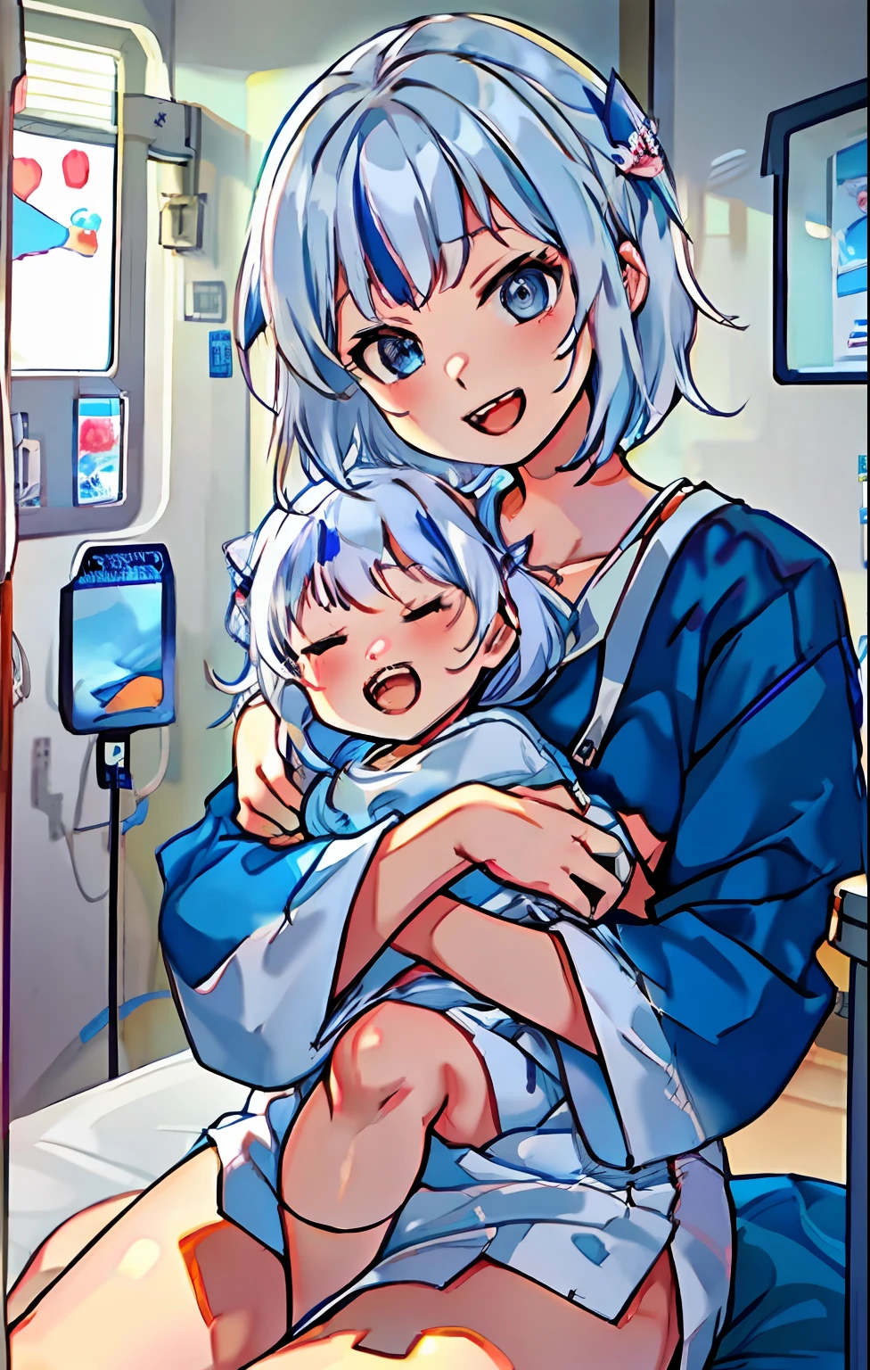 best quality, masterpiece,  
, short hair, putih hair, putih eyes, tachibana hibiki , energetic girl, young girl, (petite girl),
hospital bed, (hospital_gown), happy, hugging, holding infant, oyako, mother and daughter, family,  half-closed eyes, lactation, , open mouth,