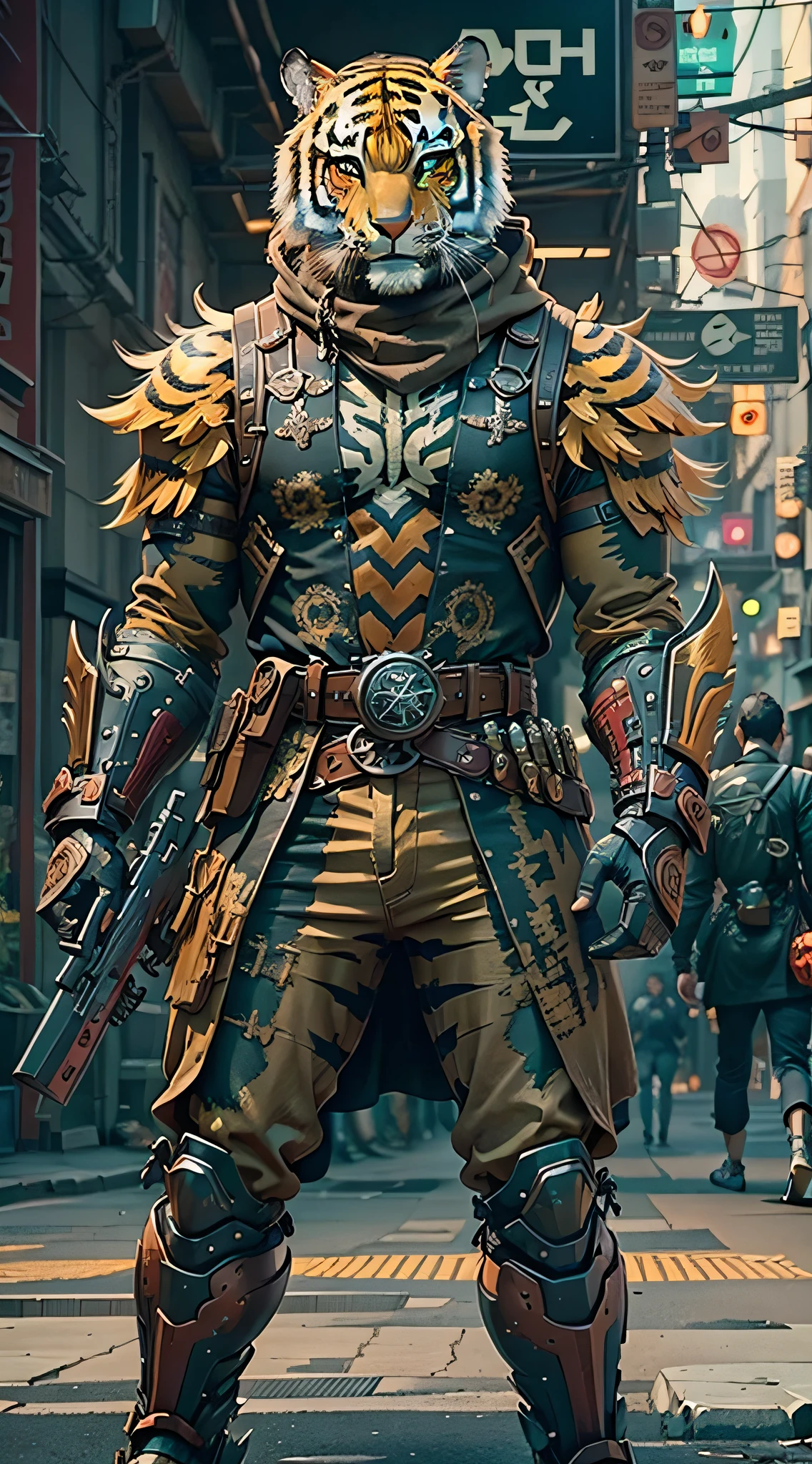 (杰作) 一名身穿古董盔甲、戴着虎面具、手持武器的男子在街上行走, 盛装战士, 手中的武器, 赛博朋克风格配色方案, ((复杂的细节, 非常详细)) 8千.