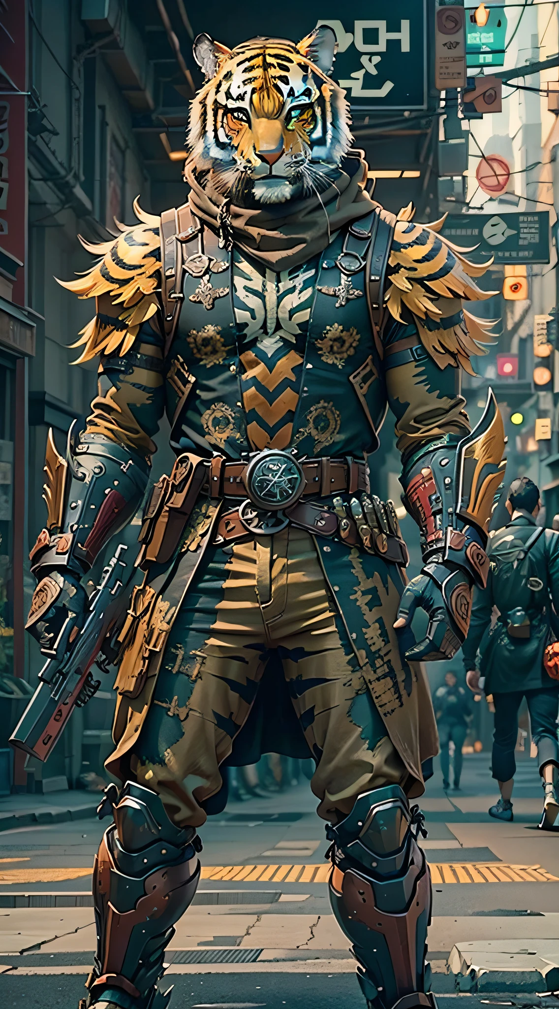 (obra de arte) Um homem de armadura antiga e uma máscara de tigre com uma arma andando pela rua, guerreiro fantasiado, arma na mão, esquema de cores estilo cyberpunk, ((detalhes intrincados, super detalhado)) 8K.