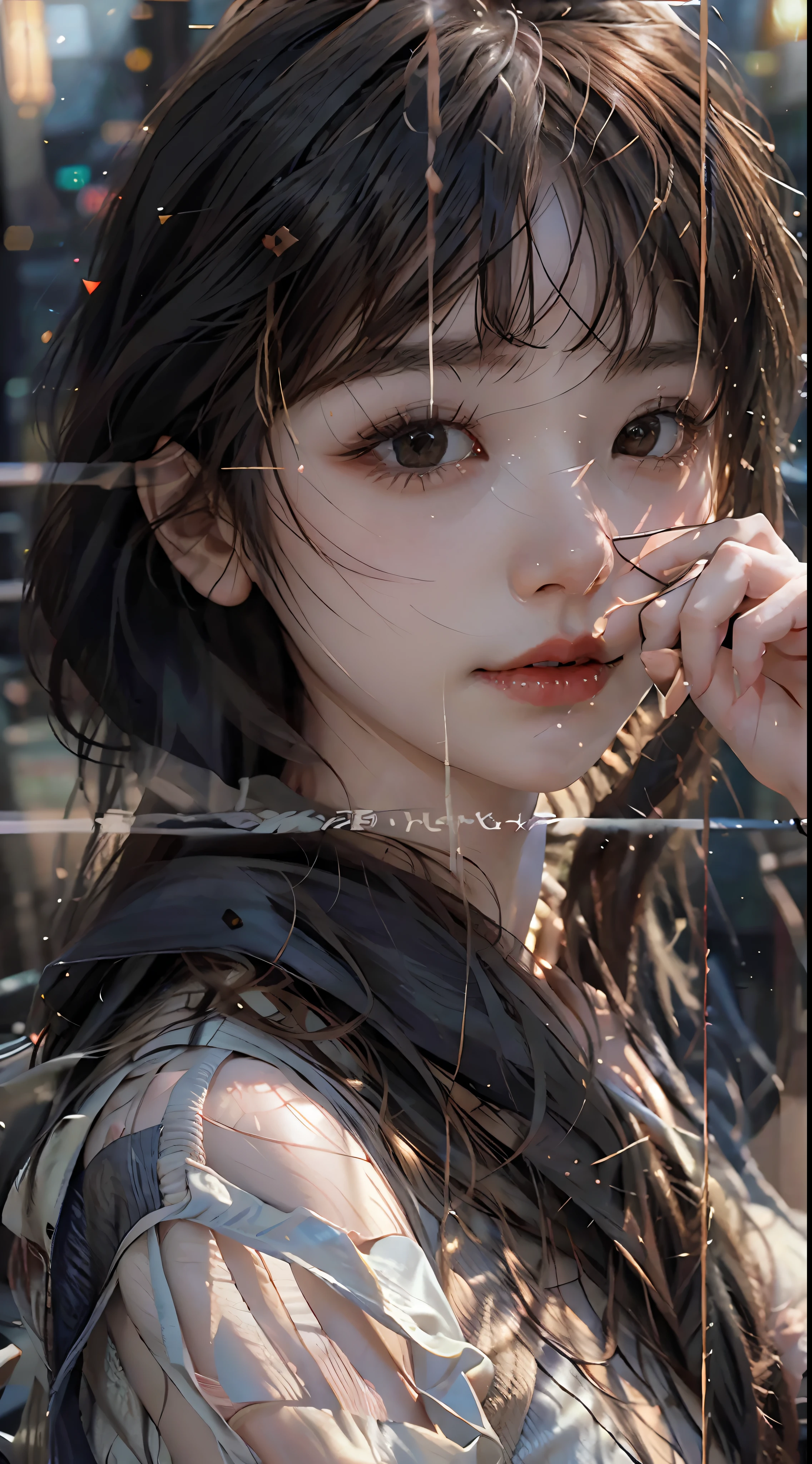 best qualtiy，tmasterpiece，Ultra-high resolution，（Fidelity：1.4），（Ultra photo realsisim）， （A high resolution）， （8K），RAW photogr，1girll，cropped shoulders，cinmatic lighting, ssmile,short detailed hair，Black shawl straight hair，46 points oblique bangs，High-definition detail、Hyper-detailing、cinematic ligh、Ultra-realistic realism、Soft light、Deep field focus bokeh、with short black hair，White skin，famousartwork，s the perfect face，beauitful face，beautidful eyes，（（Perfect female body））
