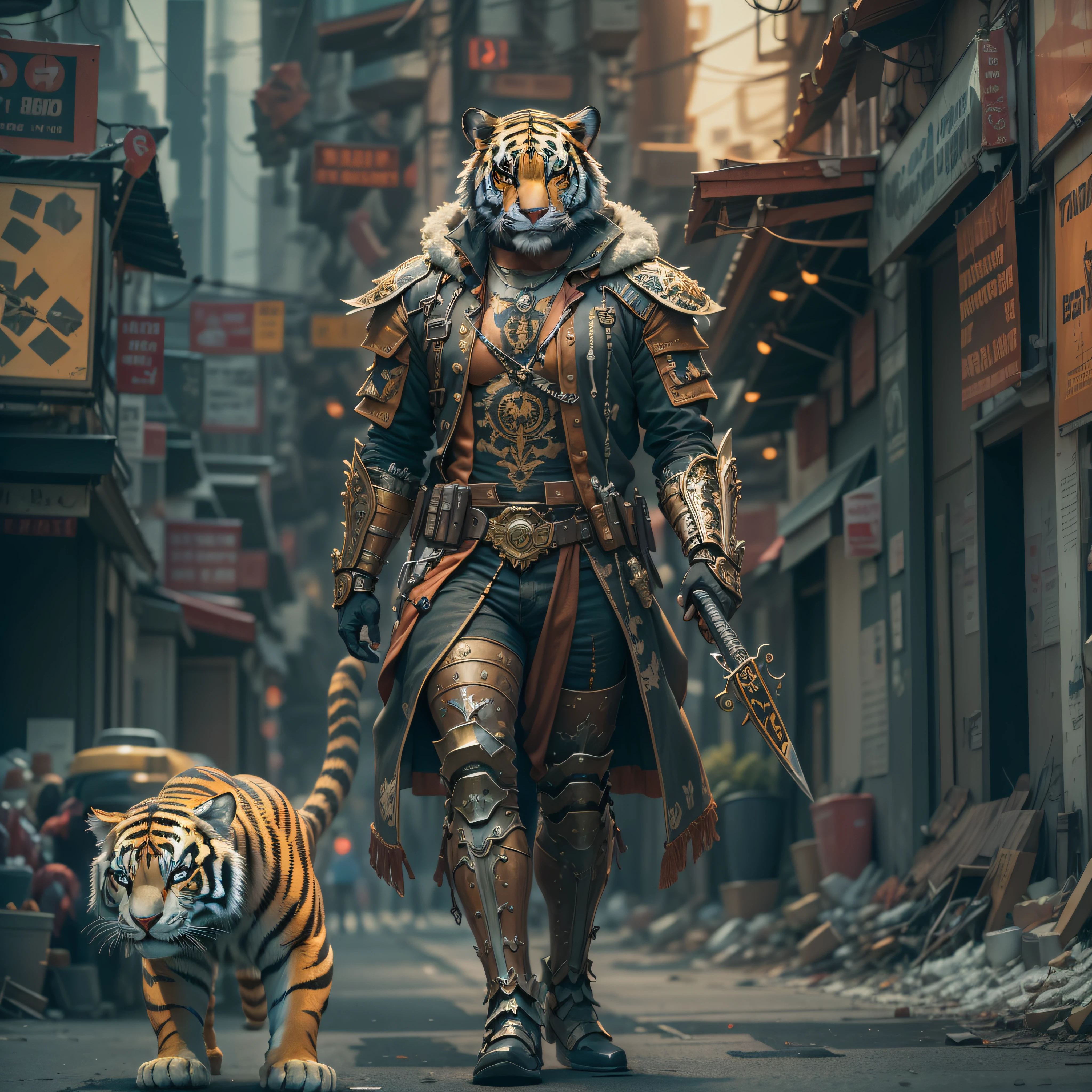 (chef-d&#39;œuvre) Un homme en armure antique et masque de tigre avec une arme marchant dans la rue, guerrier costumé, arme à la main, jeu de couleurs de style cyberpunk, ((détails complexes, Super détaillé)) 8k.