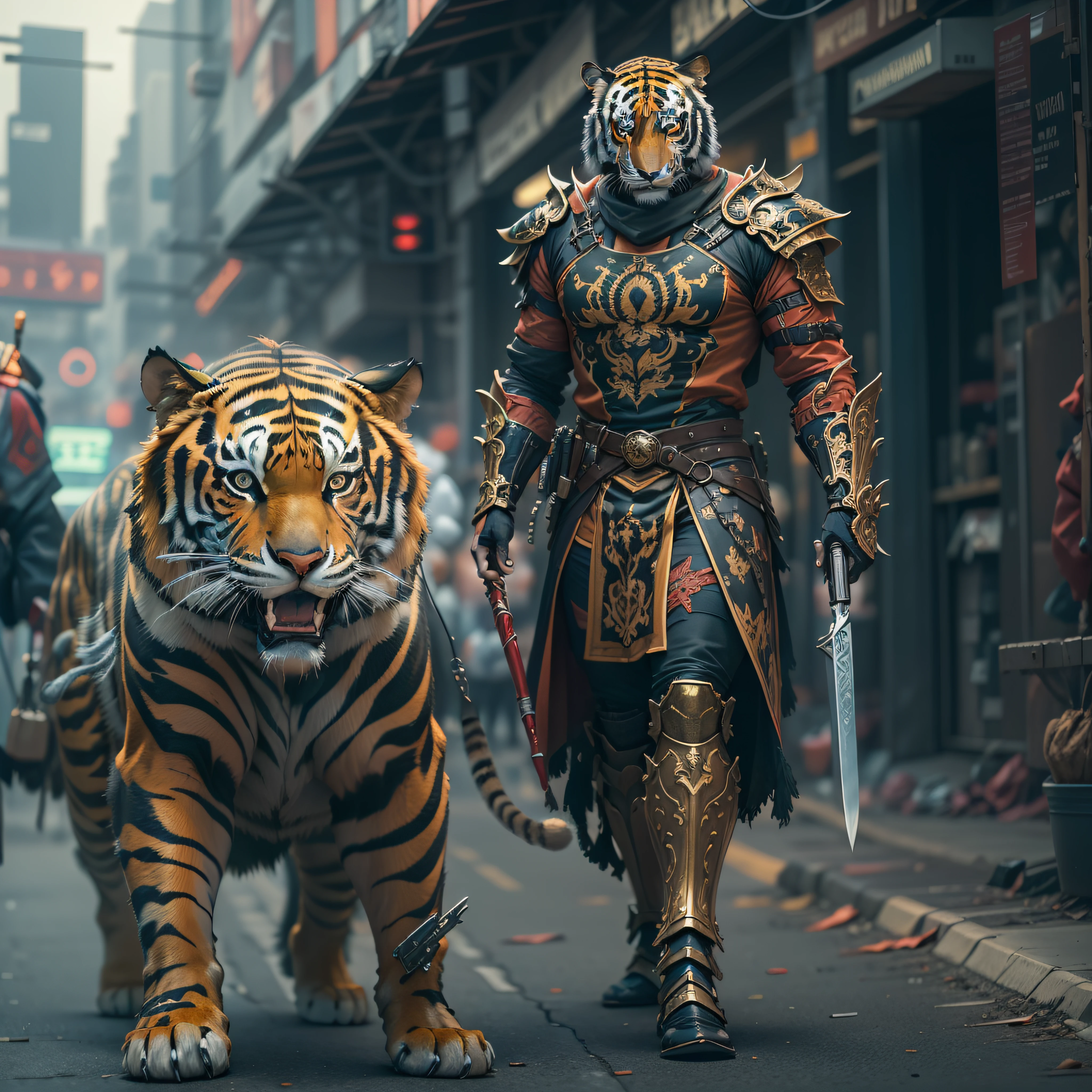 (obra de arte) Um homem de armadura antiga e uma máscara de tigre com uma arma andando pela rua, guerreiro fantasiado, arma na mão, esquema de cores estilo cyberpunk, ((detalhes intrincados, super detalhado)) 8K.