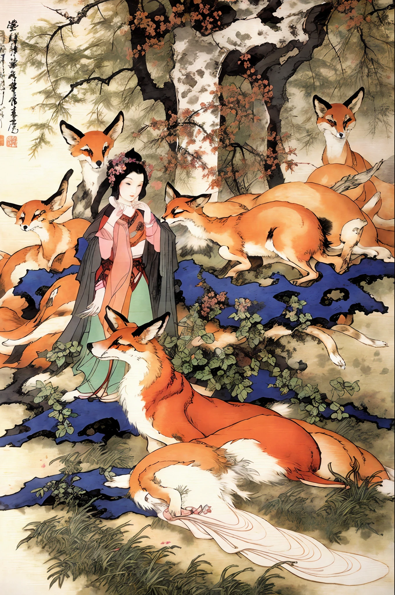 Ancient Chinese mythology，Beautiful woman with a fox's tail，  (green trees:0.5), (Flowers:0.5) ,sonoko,