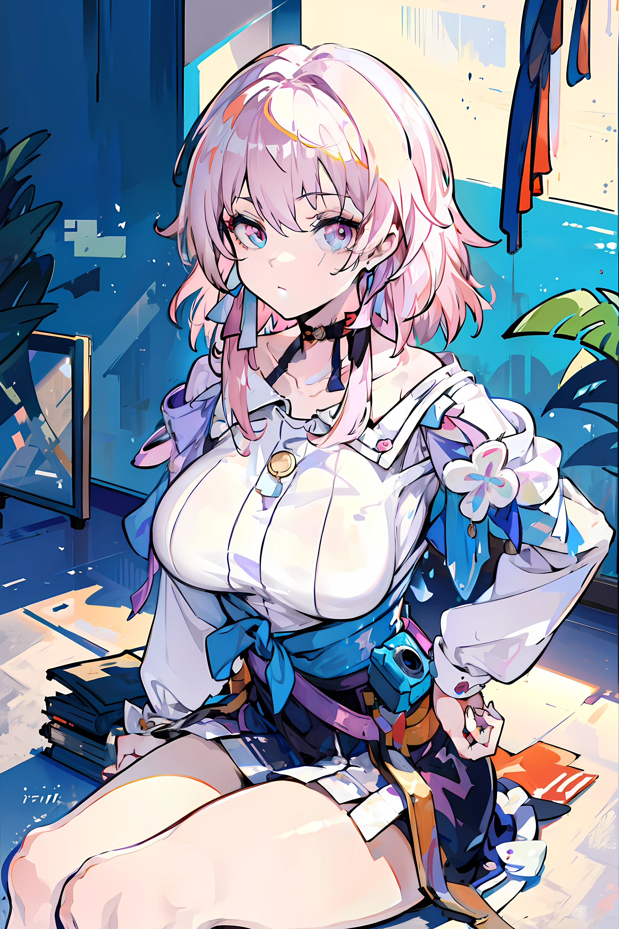 (masterpiece),best quality, expressive eyes, perfect face, 1girl,
big breast, H-cup, good breast, beautiful, gorgeous,anime,girl,lora, hands on waist, hands on hips,march7th,
multicolored_eyes,
pink hair,
ribbon earrings,w sitting, w sitting on ground, legs on ground