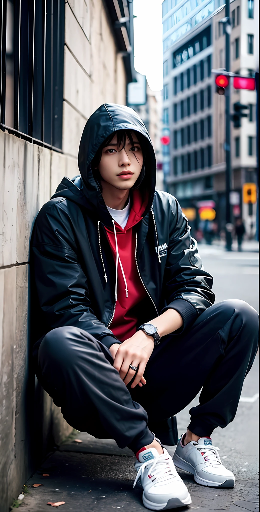 a masterpiece，Bestquality，offical art，8kwallpaper，Extremely Detailed，Illustration，1man，Trendy outfits，watch，sneaker shoes，sit，Hands droop naturally，Hooded jacket，Street,long pants black,