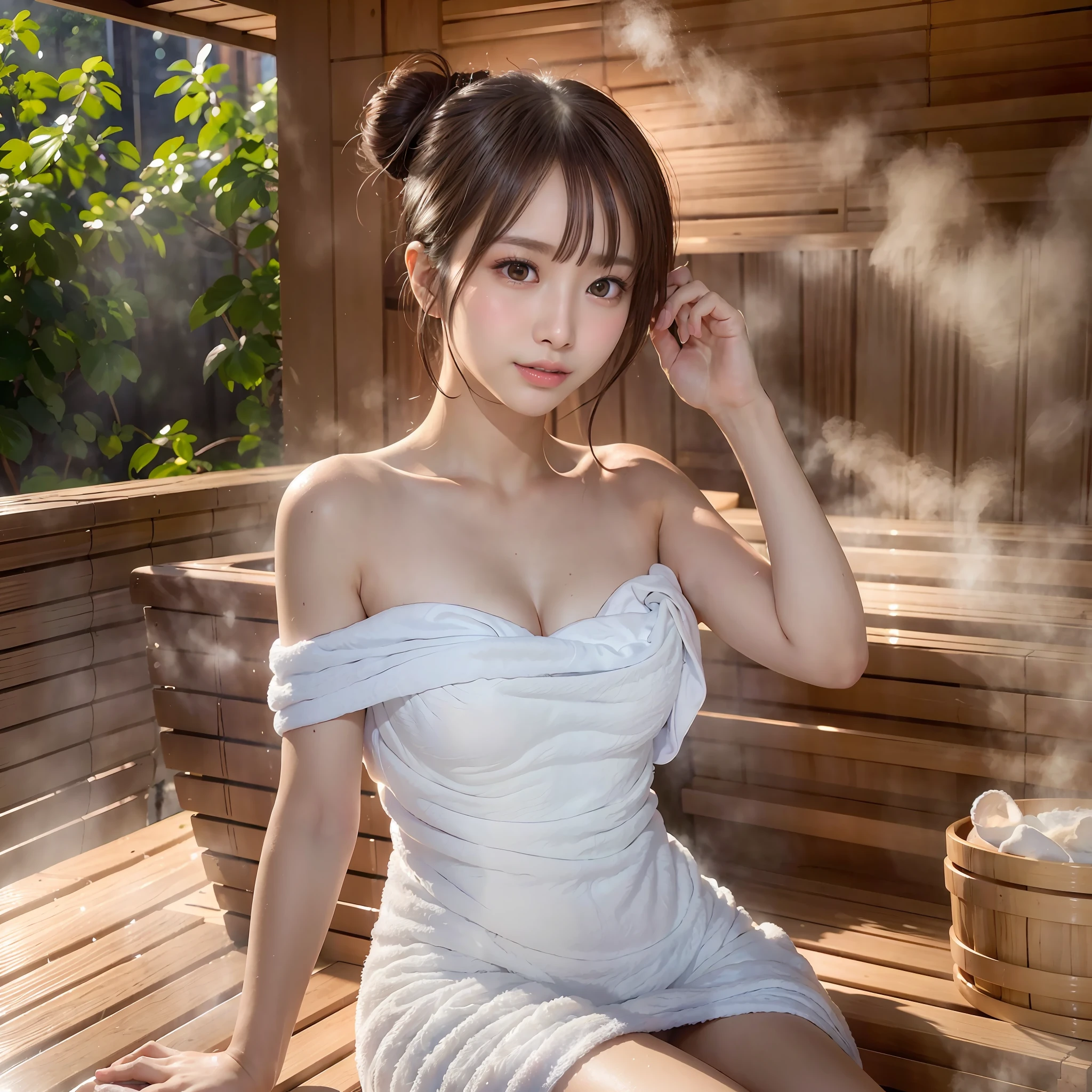 (1woman solo):1.5, (sauna:1.3), (fullbody:1.3), (Bun hair, dark brown hair), (top-quality, Photorealsitic:1.4, masterpiece:1.3, RAW Photography:1.2, cinematric light, very detailed illustration), (A very meticulously drawn face, ultra Beautiful fece, ultra delicate eyes, ultra detailed nouse, ultra detailed mouth, ultra detailed facial features, ultra detailed body, Detailed hips, detailed thigh), (small breast:1.3), from the front side, Show cleavage, (Long dress in very detailed towel fabric:1.3, Strapless, off shoulders), (Sweating a lot), (Sitting on a wooden bench), a smile, light and shadows