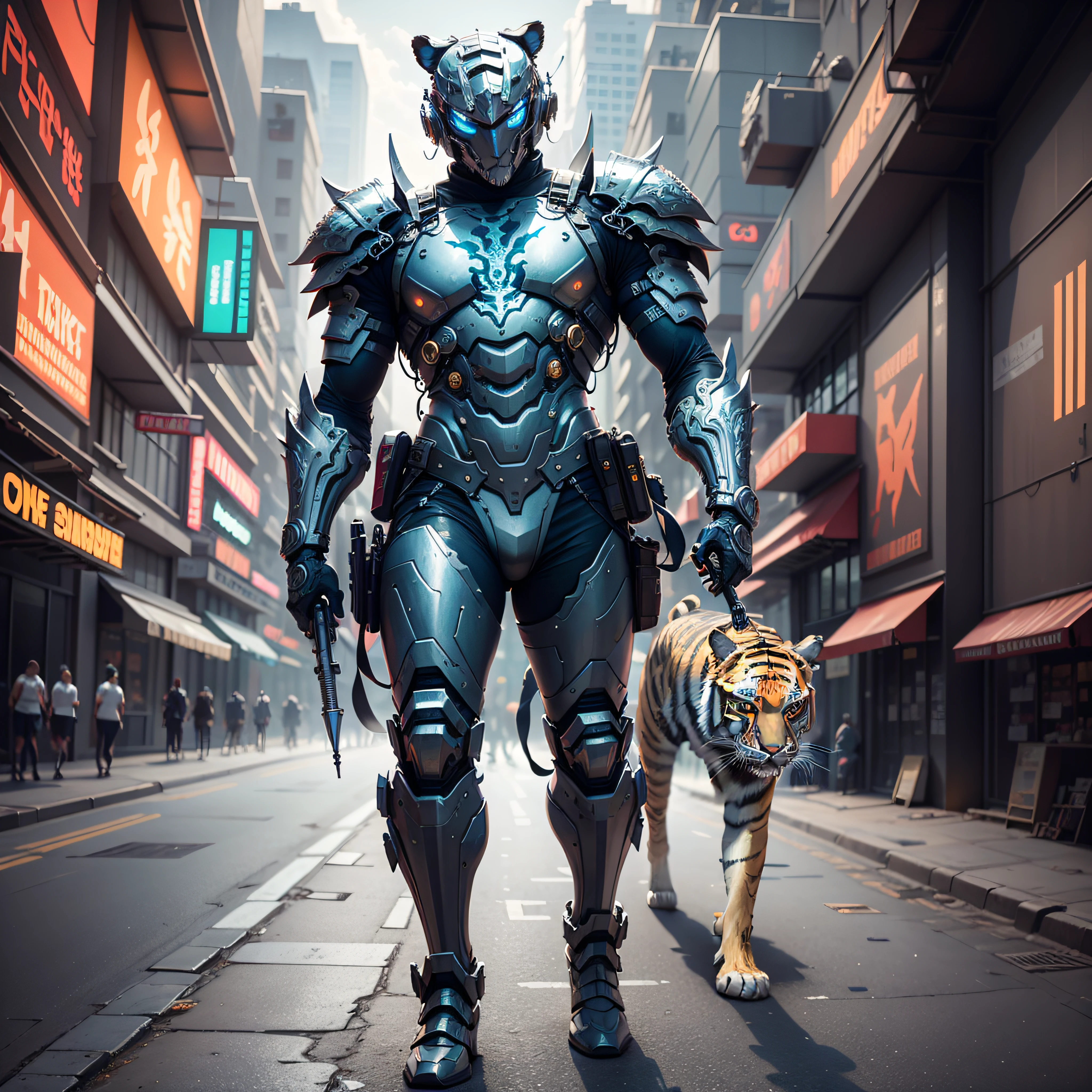 (Masterpiece) A man in antique armor and a tiger mask with a weapon walking down the street, costumed warrior, weapon in hand, cyberpunk style color scheme, ((intricate details, super detailed)) 8K.