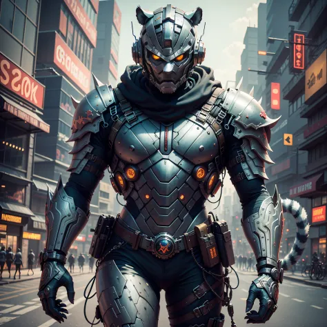 (Masterpiece) A man in antique armor and a tiger mask with a weapon walking down the street, costumed warrior, weapon in hand, cyberpunk style color scheme, ((intricate details, super detailed)) 8K.