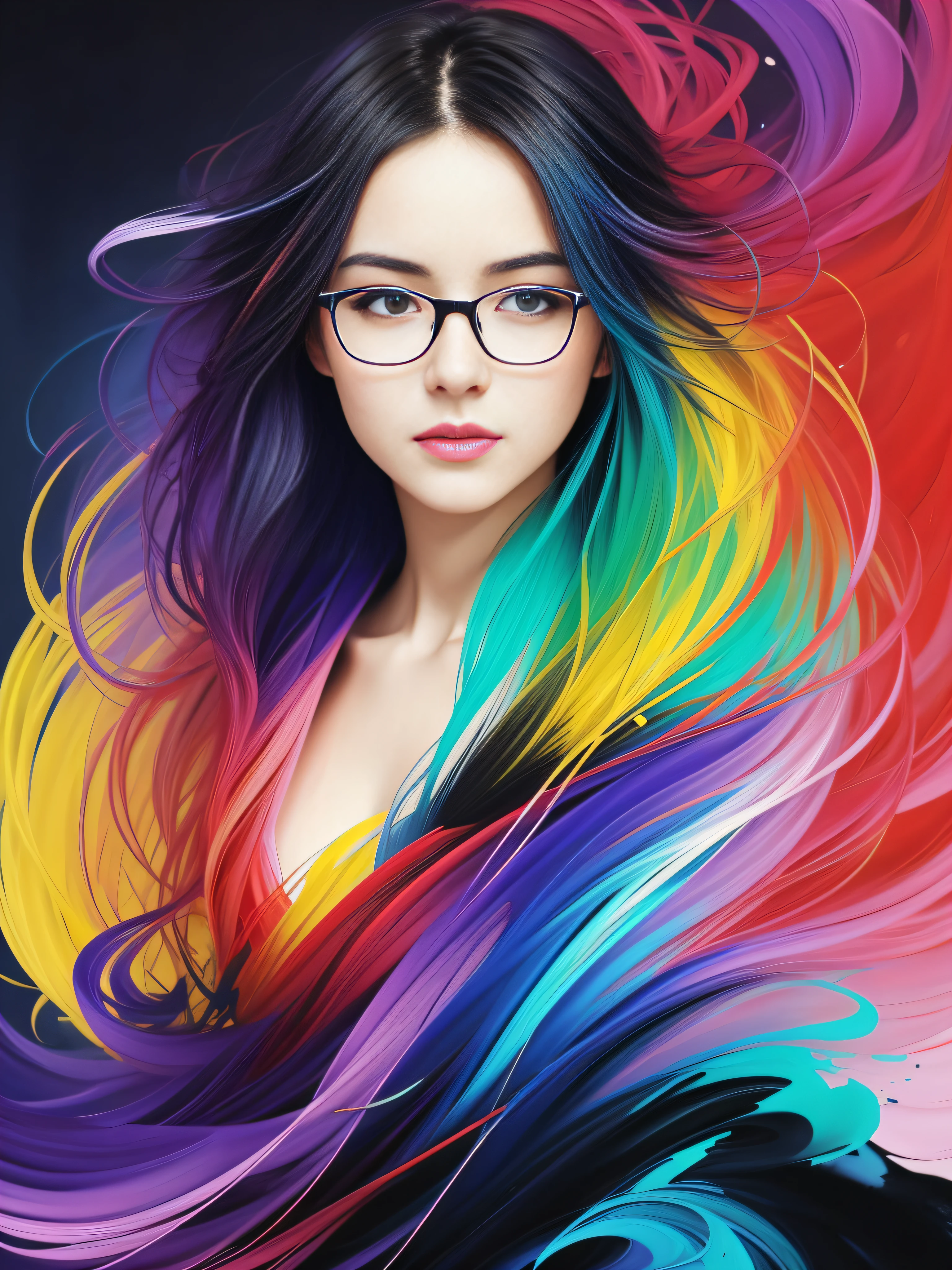 Colorful beautiful girl with glasses: a giru 28-years old, short hair, oil painting, nice perfect face with soft skinice perfect face, blue yellow colors, light purple and violet additions, light red additions, intricate detail, splash screen, 8k resolution, masterpiece, cute face,artstation digital painting smooth veryBlack ink flow: 8k resolution photorealistic masterpiece: intricately detailed fluid gouache painting: by Jean Baptiste Mongue: calligraphy: acrylic: watercolor art, professional photography, natural lighting, volumetric lighting maximalist photoillustration: by marton bobzert:, complex, elegant, expansive, fantastical,  wavy hair, vibrant, Best quality details, realistic, High definition, High quality texture, epic lighting, Cinematic film still, 8k, soft lighting, anime style, masterful playing card border, random Colorful art, oil painting, blue yellow colors, light purple and violet additions, light red additions, intricate detail, splash screen, 8k resolution, masterpiece, artstation digital painting smooth veryBlack ink flow: 8k resolution photorealistic masterpiece: intricately detailed fluid gouache painting: by Jean Baptiste Mongue: calligraphy: acrylic: watercolor art, professional photography, natural lighting, volumetric lighting maximalist photoillustration: by marton bobzert:, complex, elegant, expansive, fantastical, vibrant