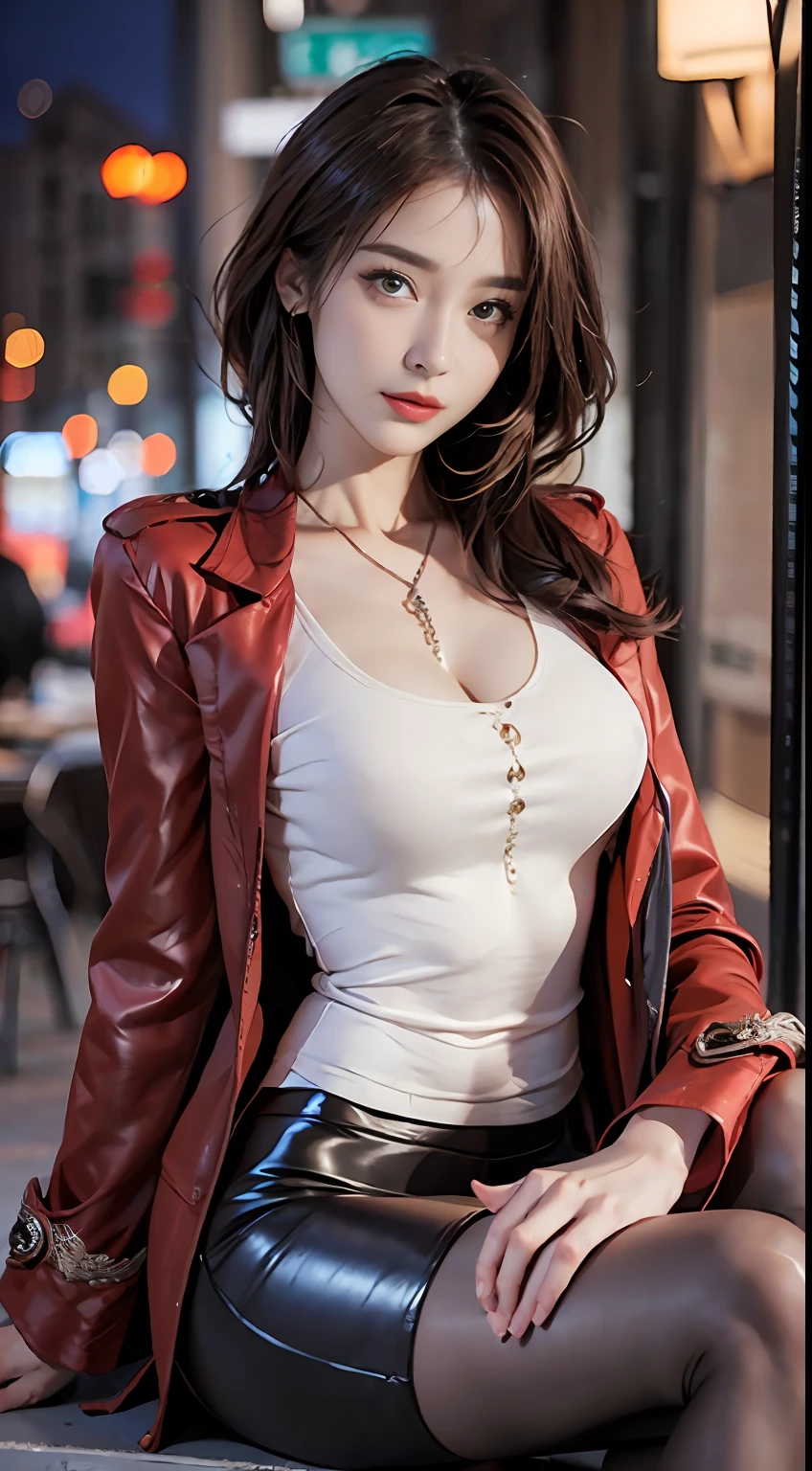 (8K, Best quality, Masterpiece:1.3), extremely cute and beautiful girl, 1girll, Sci-fi, Streets of downtown Los Angeles at night, Upper body, 32K, RAW photo, Realistic, photo-realistic, Short Bob Hair, Maroon hair, looking a viewer, Facing the viewer, huge-breasted, ((Red Gothic military long coat, White collard shirt, Knee-length tight skirt)), Brown eyes, Maroon hair, cleavage, (Beautiful breasts:1.3), (Abs, Slender figure: 1.1), Sharp focus, (((Intricate details)), High detail, frame the head, sexy model pose, Sitting, crouched, Hold her legs, From the side Side, light grin, entire body image, closing the mouth, Seductive sexy model posing, Perfect anatomy, perfectly proportions,