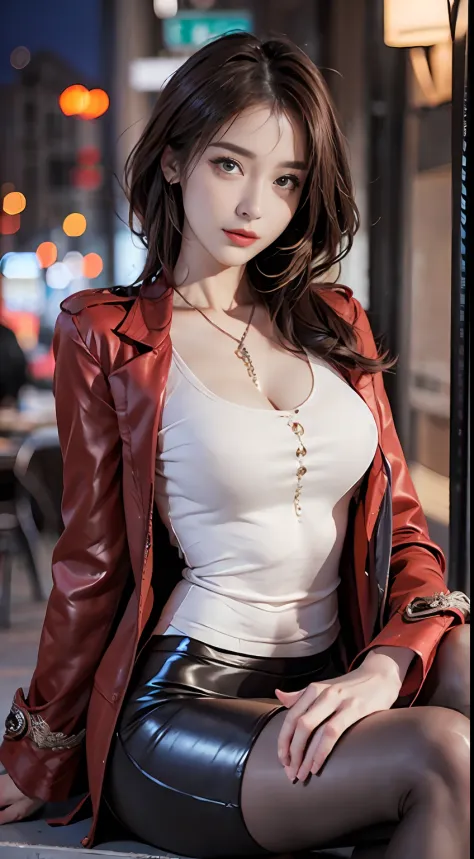 (8K, Best quality, Masterpiece:1.3), extremely cute and beautiful girl, 1girll, Sci-fi, Streets of downtown Los Angeles at night, Upper body, 32K, RAW photo, Realistic, photo-realistic, Short Bob Hair, Maroon hair, looking a viewer, Facing the viewer, huge...