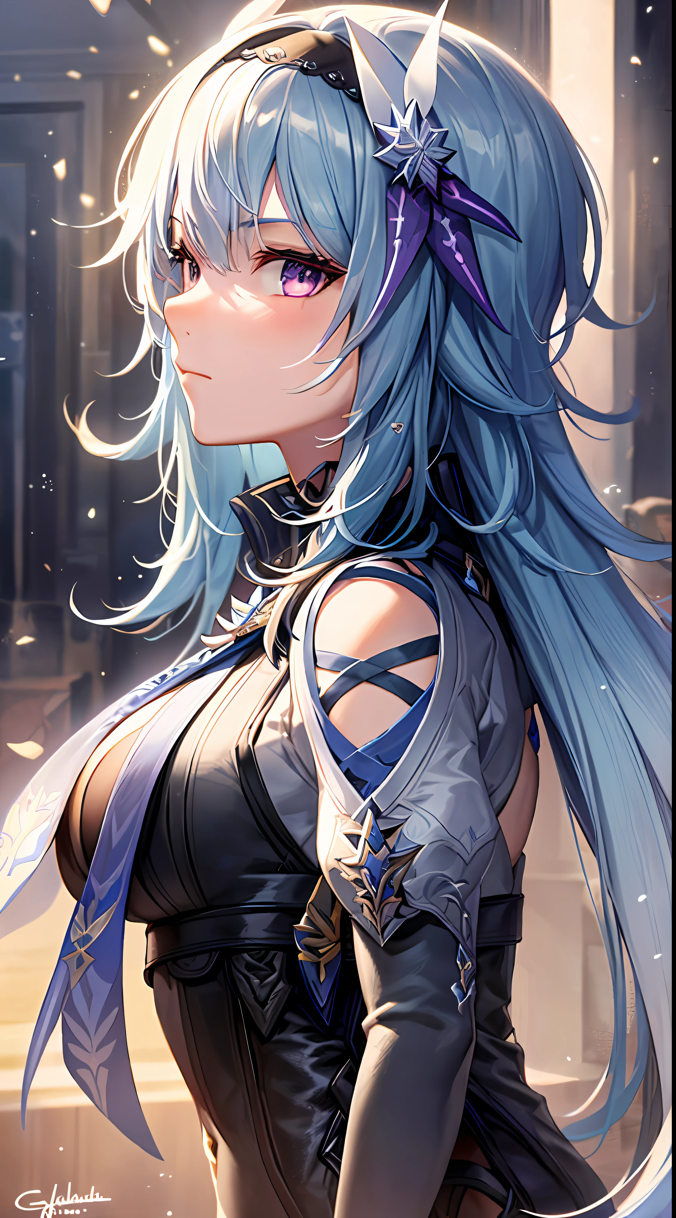 Mast, best quality, 1 girl, raiden \ (Genshin Impact), purple hair, purple eyes, long hair, headband, hair accessories, looking at the audience, from the side, eula signature weapon claymore sword