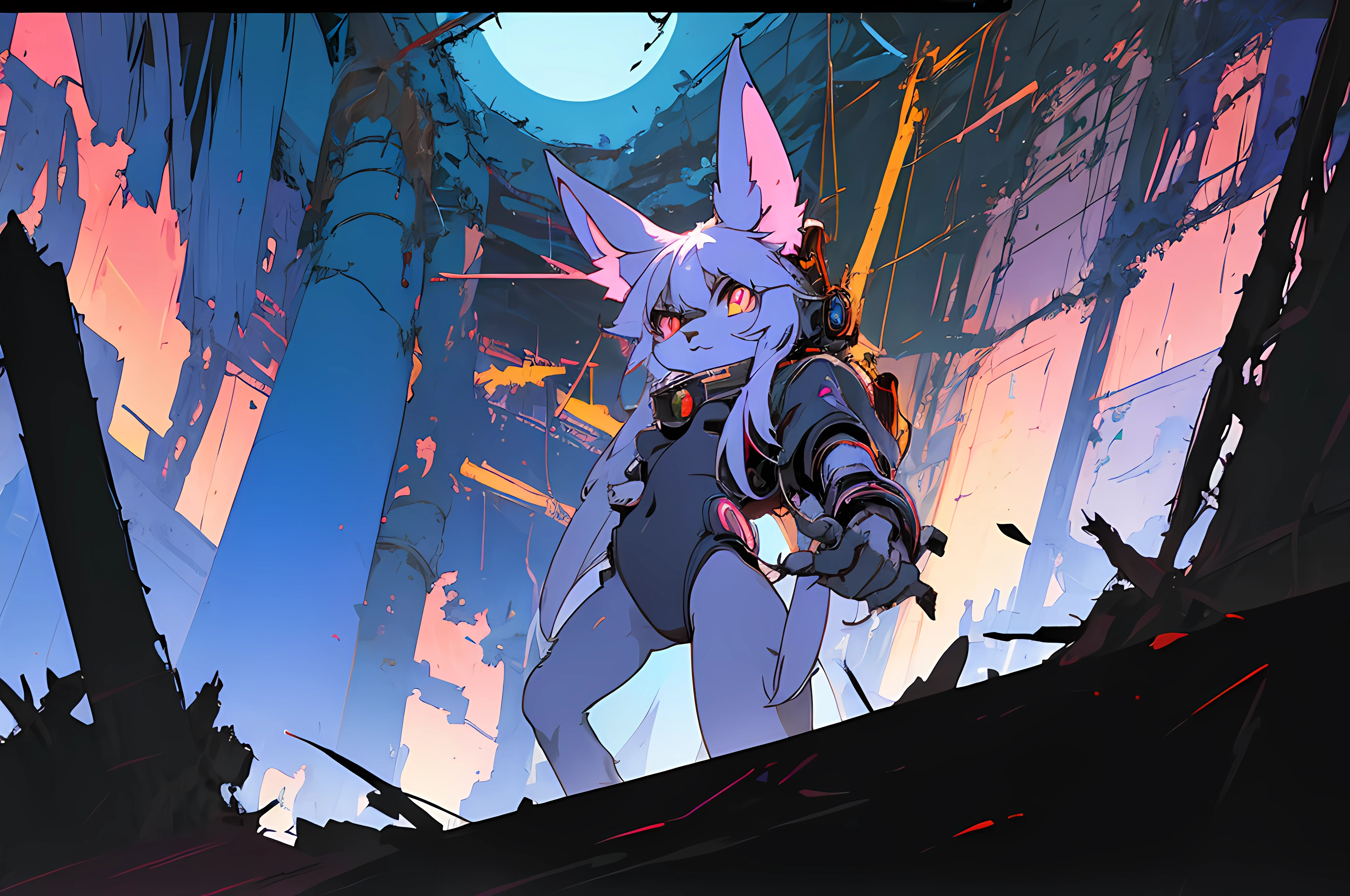(vintage vhs), (crt screenshot), (((dark scene))), (((dark cloudy scene))), (((underground basement scene))), (((unlit nighttime scene))), (((dark abandoned cathedral house))), (((solemn blue anthro kemono furry rabbit exploring old ruins))), (((underground cavern exploring in old ruins))), anime rabbit character with futuristic hair and glowing eyes exploring old ruins, anime art, anime aesthetic, (((old ruins in background cel art))), kemono anime rabbit girl, wearing cybernetic bunny ears, angry female fighter --v6